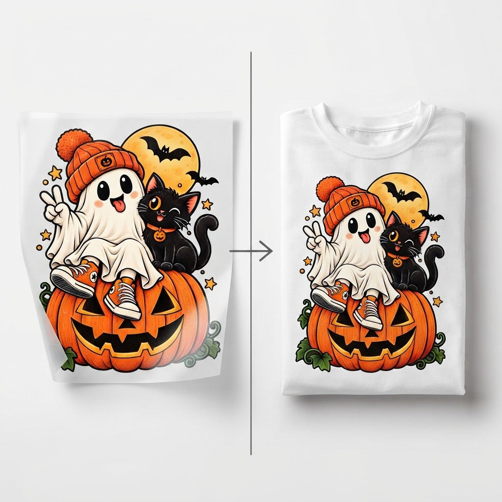 21NA Naprasowanka DTF A4 – Duszek z Kotkiem i Dynią | Halloween