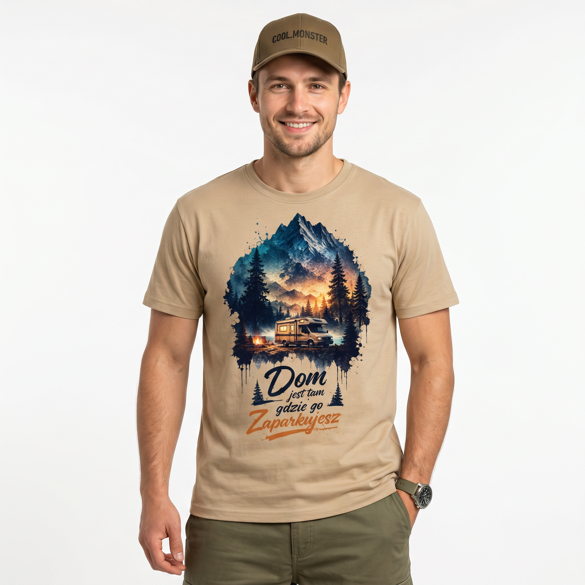 Koszulka Męska Bawełniana T-Shirt z Kamperem Do Podróży "Dom Jest tam Gdzie go Zaparkujesz"