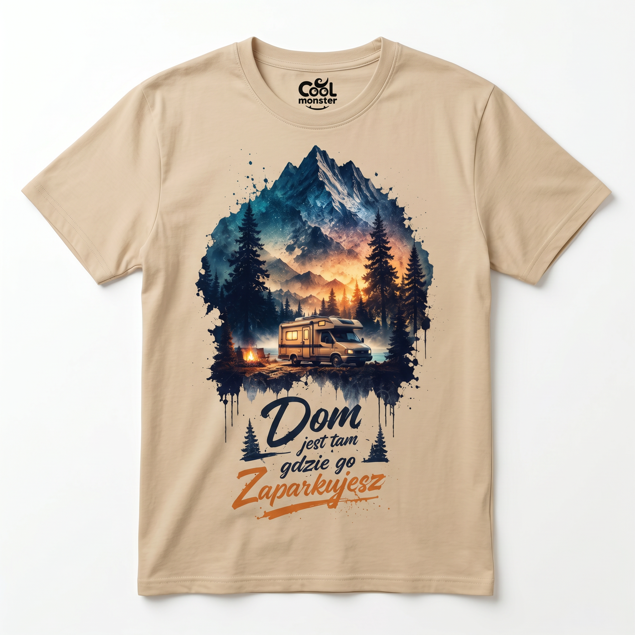 Koszulka Męska Bawełniana T-Shirt z Kamperem Do Podróży "Dom Jest tam Gdzie go Zaparkujesz"