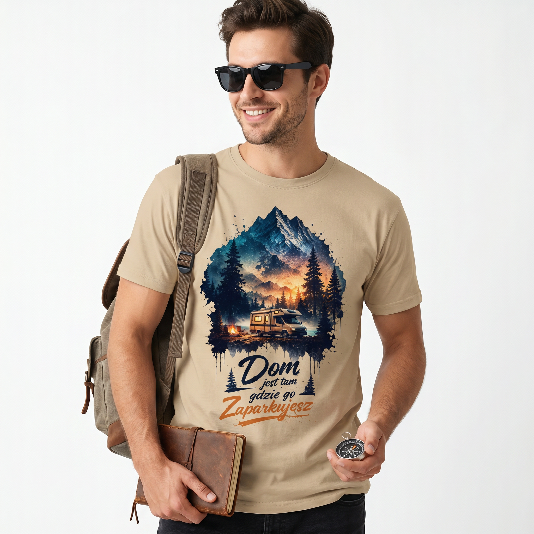 Koszulka Męska Bawełniana T-Shirt z Kamperem Do Podróży "Dom Jest tam Gdzie go Zaparkujesz"