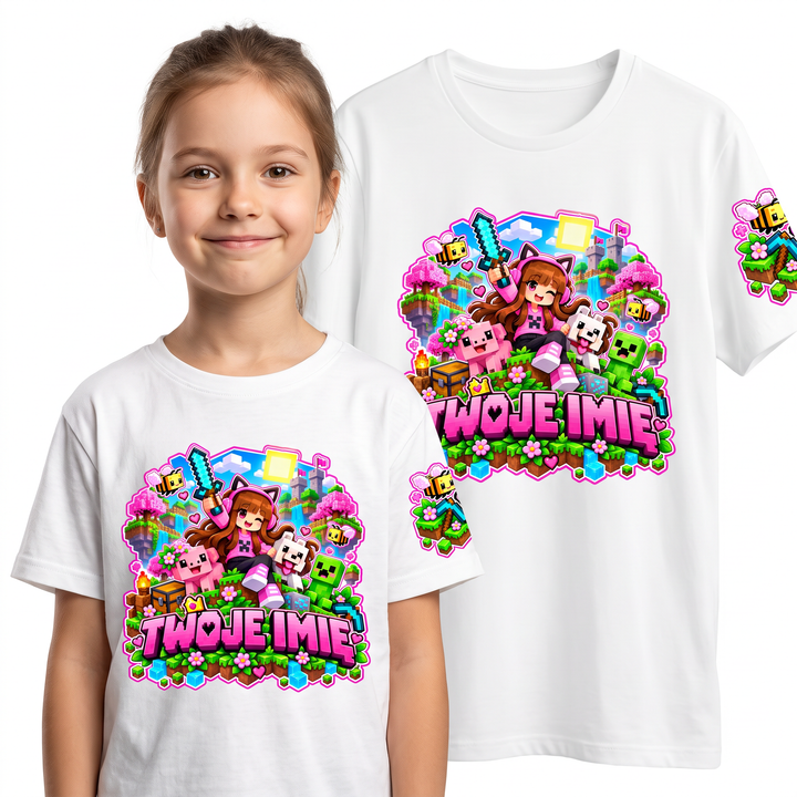 26_71 Koszulka Dziecięca z Imieniem –  Personalizowana Zwariowany Świat Voxel | Nadruk na Rękawie