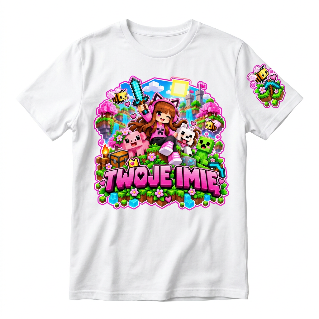 26_71 Koszulka Dziecięca z Imieniem –  Personalizowana Zwariowany Świat Voxel | Nadruk na Rękawie
