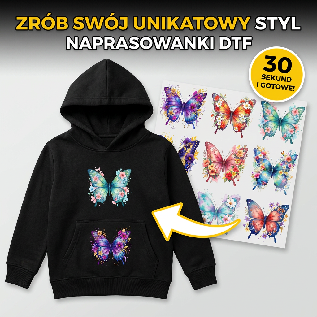 Naprasowanki, Naplamki Łatki Termo DTF Na Ubrania Zestaw Dla Dzieci i Dorosłych Arkusz motyle