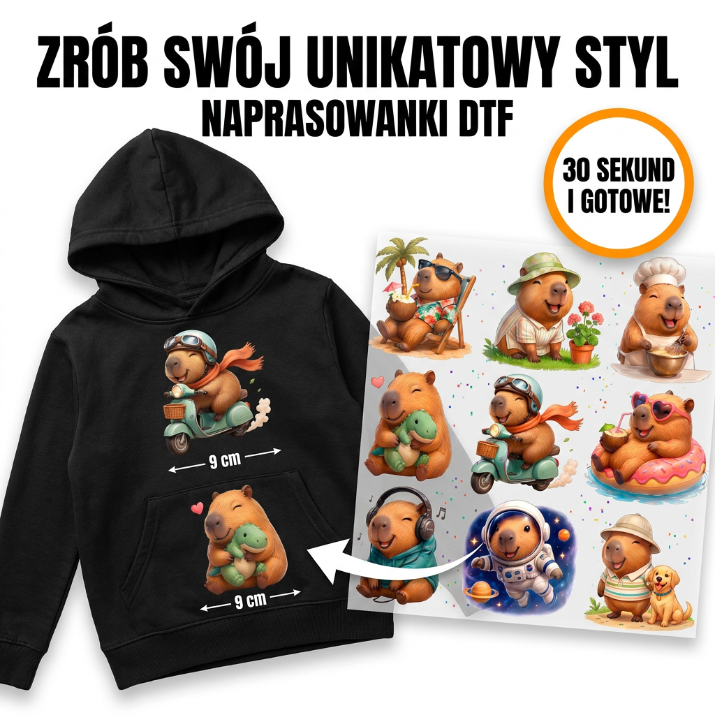 Naprasowanki, Naplamki Łatki Termo DTF Na Ubrania Zestaw Dla Dzieci Arkusz Kapibara