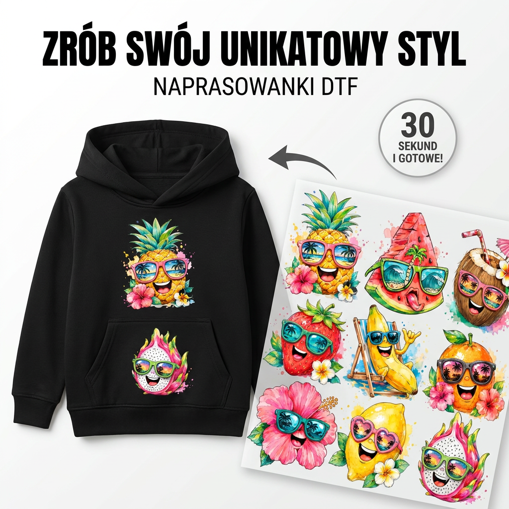 Naprasowanki, Naplamki Łatki Termo DTF Na Ubrania Zestaw Dla Dzieci i Dorosłych Owoce Lato