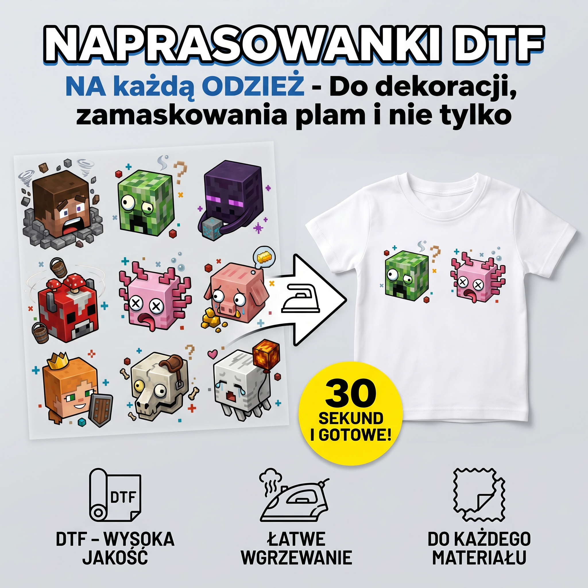 Naprasowanki, Naplamki Łatki Termo DTF Na Ubrania Zestaw Dla Dzieci Arkusz Minecraft Drugie zdjęcie produktu