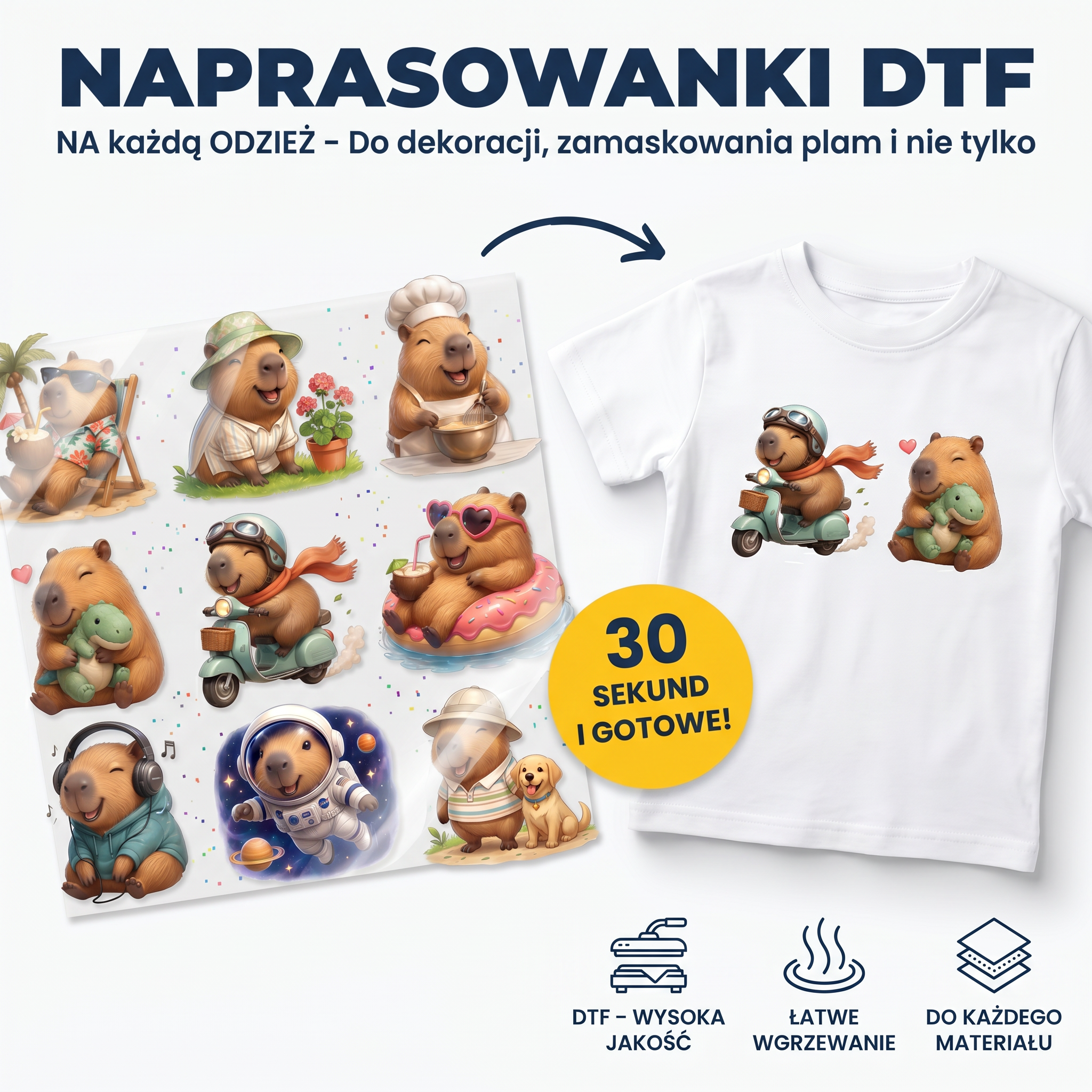 Naprasowanki, Naplamki Łatki Termo DTF Na Ubrania Zestaw Dla Dzieci Arkusz Kapibara