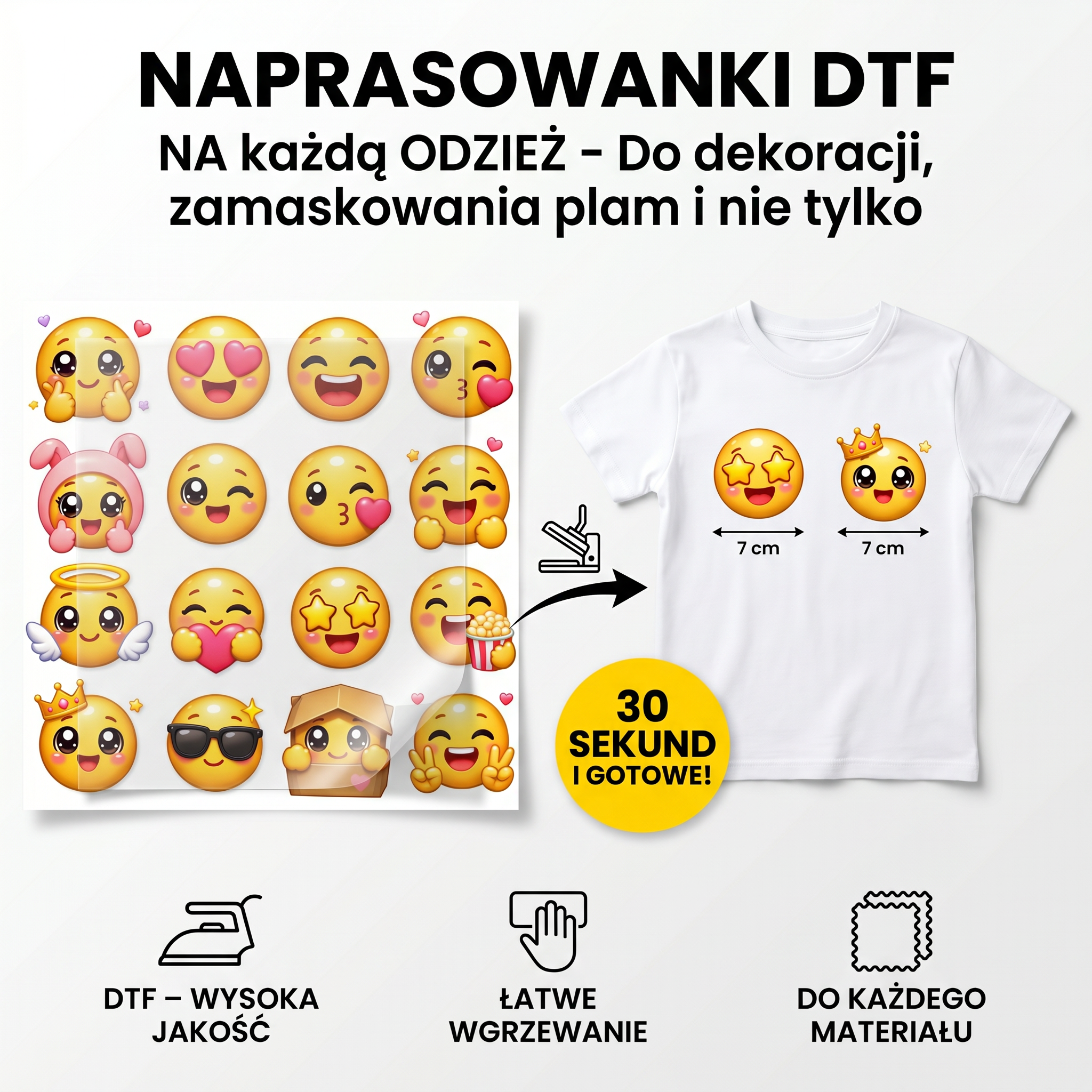 Naprasowanki, Naplamki Łatki Termo DTF Na Ubrania Zestaw Dla Dzieci Arkusz Emotki Emoji
