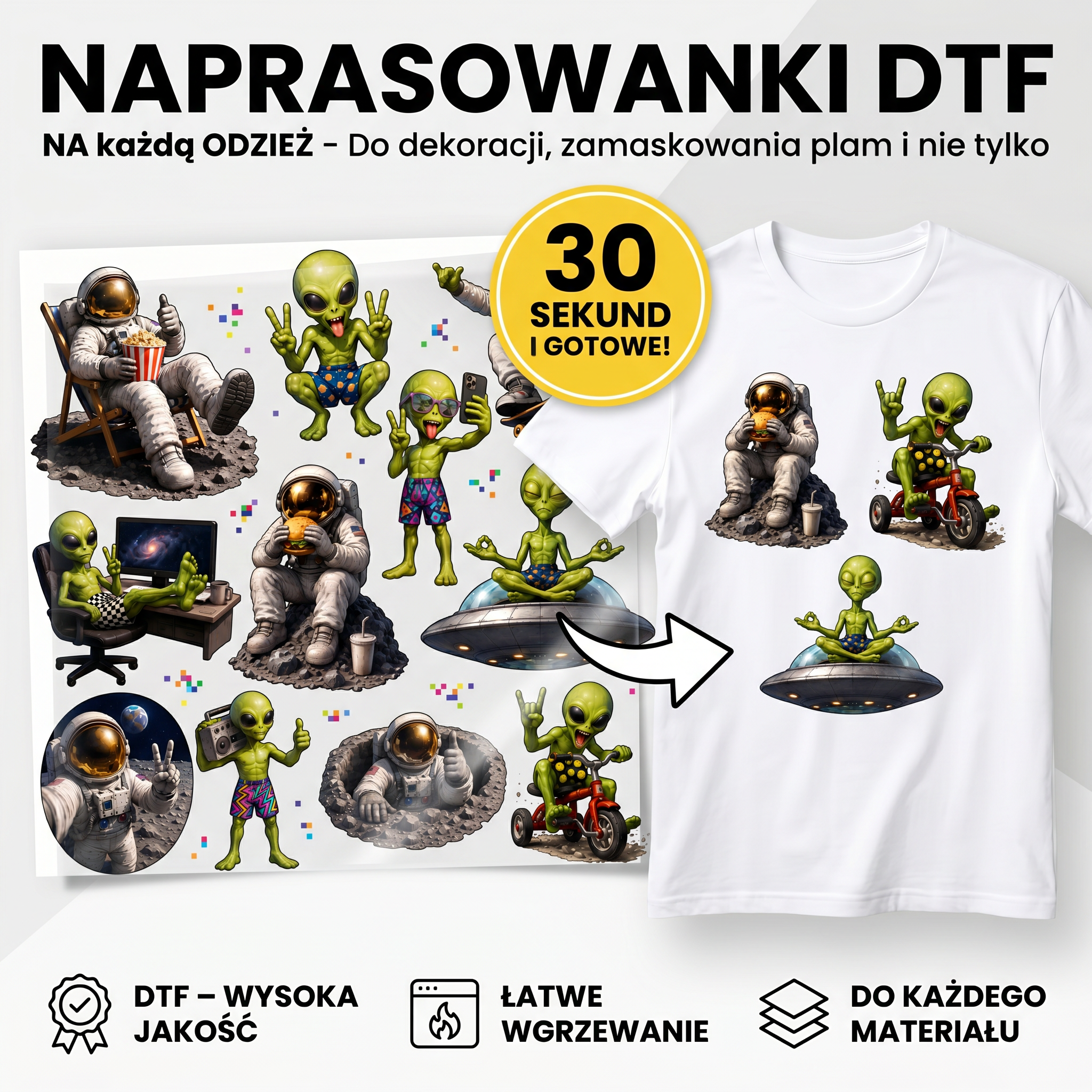 Naprasowanki, Naplamki Łatki Termo DTF Na Ubrania Zestaw Dla Dzieci i Dorosłych Ufo Kosmos