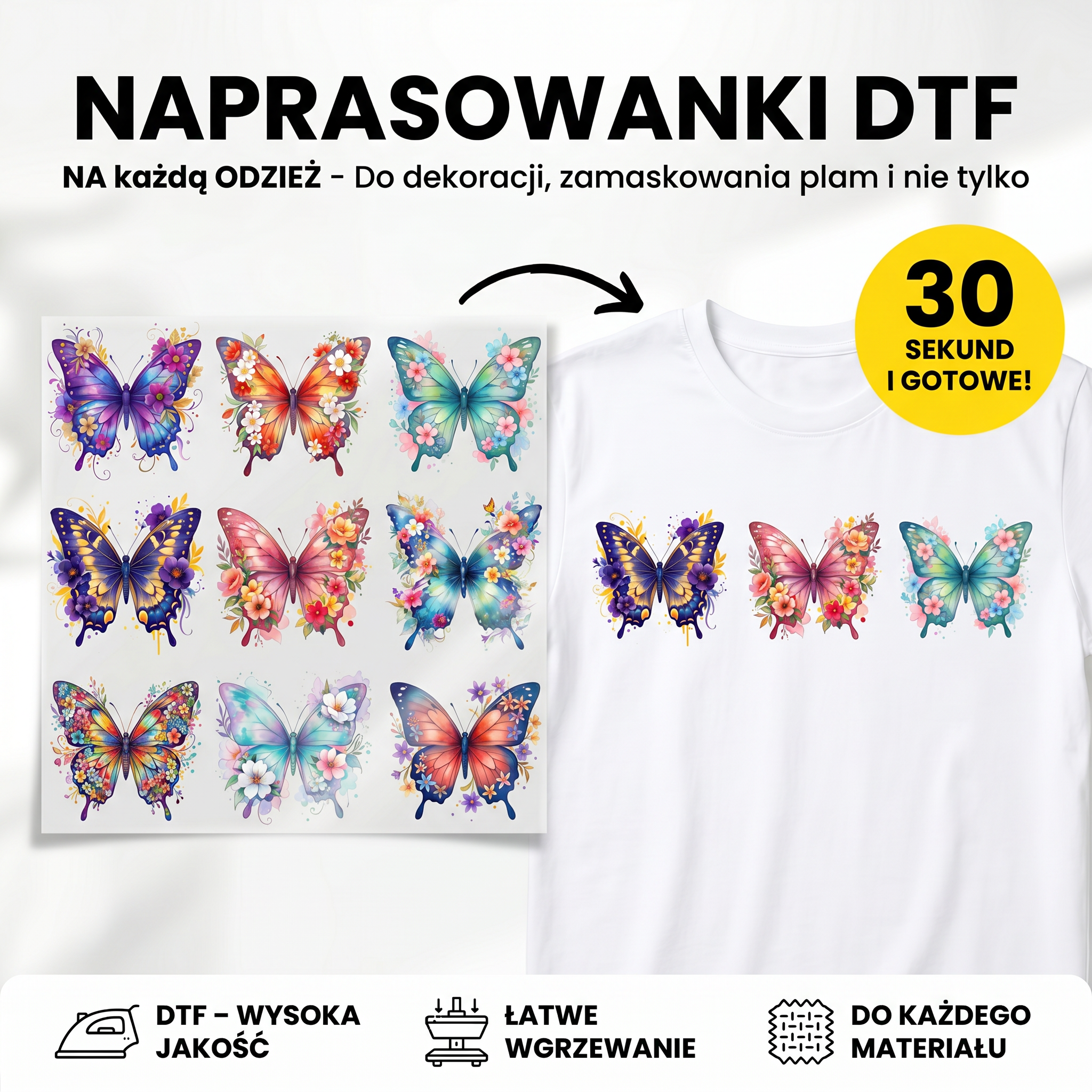 Naprasowanki, Naplamki Łatki Termo DTF Na Ubrania Zestaw Dla Dzieci i Dorosłych Arkusz motyle