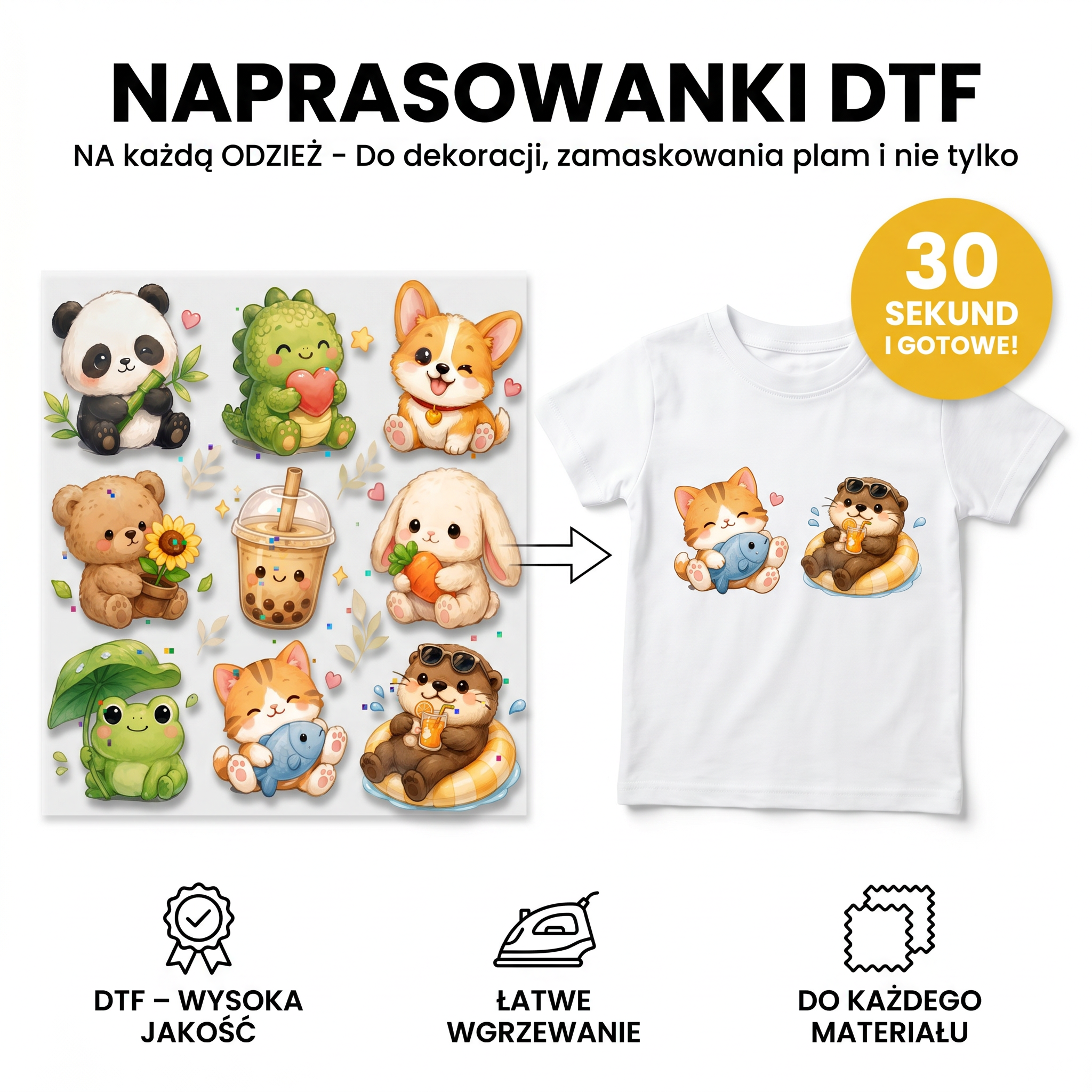 Naprasowanki, Naplamki Łatki Termo DTF Na Ubrania Zestaw Dla Dzieci Arkusz KAWAII Zwierzątka Drugie zdjęcie produktu