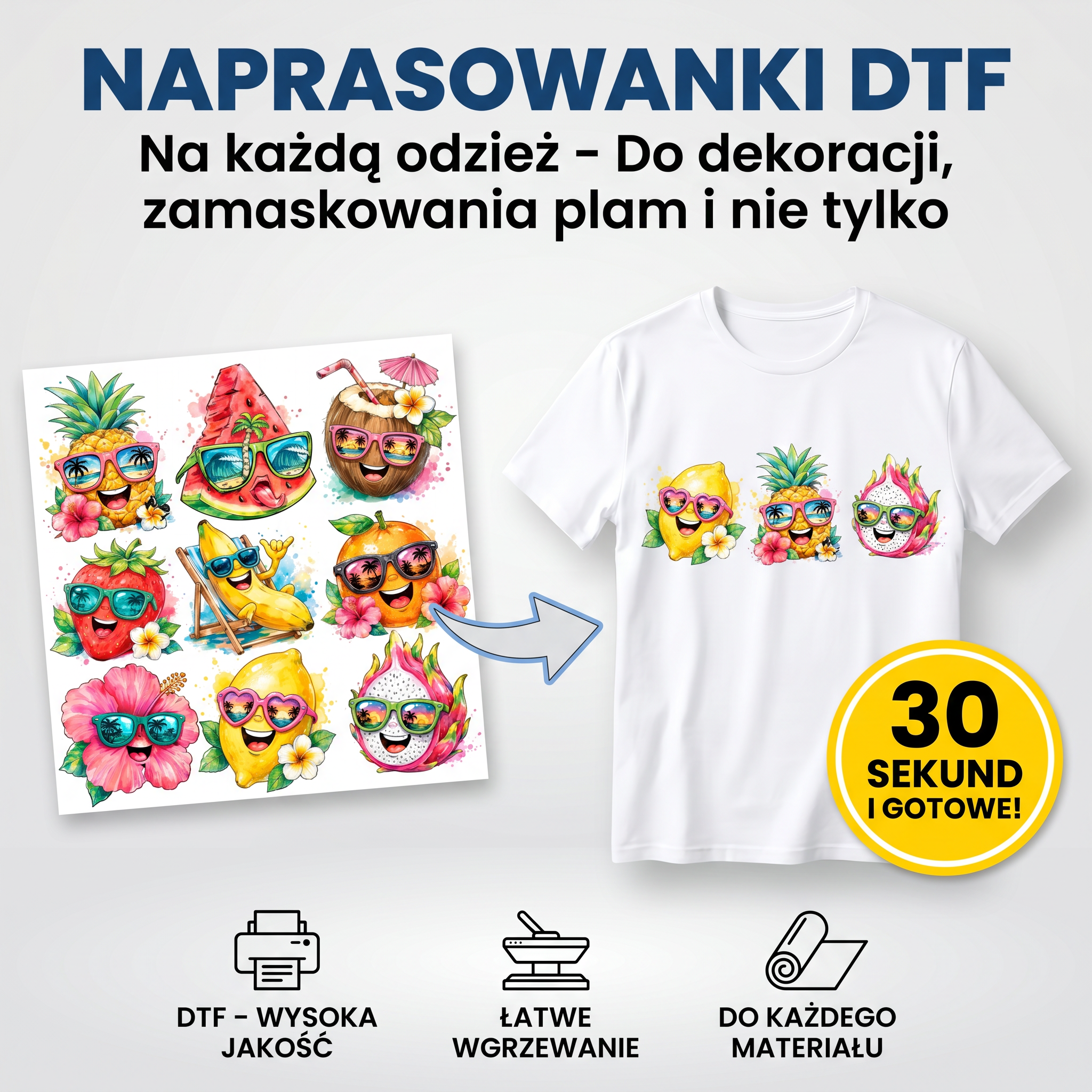 Naprasowanki, Naplamki Łatki Termo DTF Na Ubrania Zestaw Dla Dzieci i Dorosłych Owoce Lato