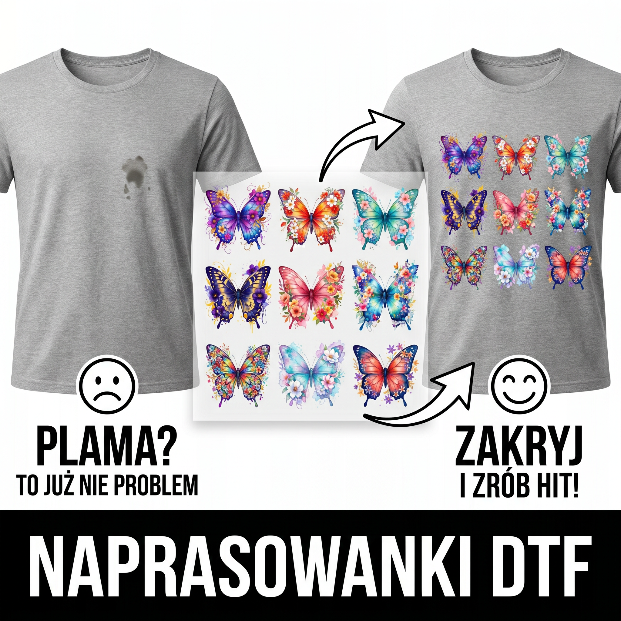 Naprasowanki, Naplamki Łatki Termo DTF Na Ubrania Zestaw Dla Dzieci i Dorosłych Arkusz motyle