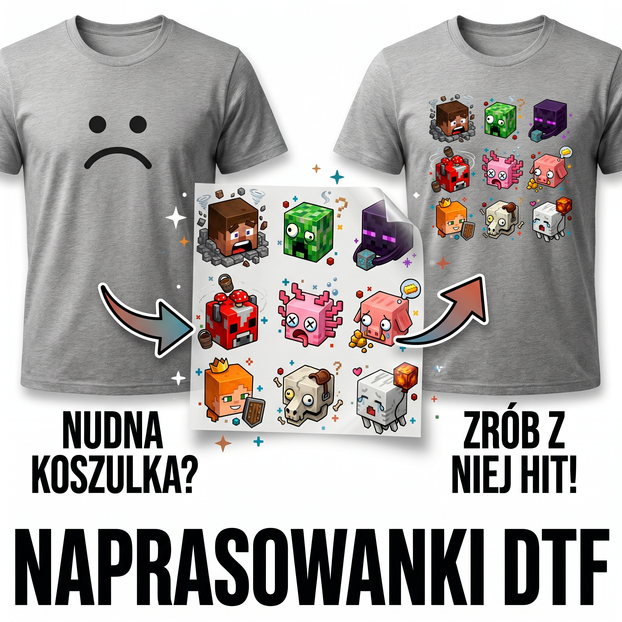 Naprasowanki, Naplamki Łatki Termo DTF Na Ubrania Zestaw Dla Dzieci Arkusz Minecraft