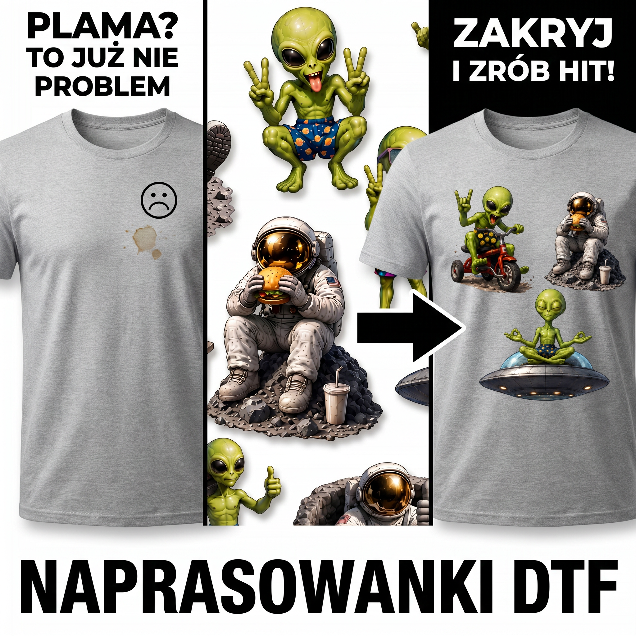 Naprasowanki, Naplamki Łatki Termo DTF Na Ubrania Zestaw Dla Dzieci i Dorosłych Ufo Kosmos