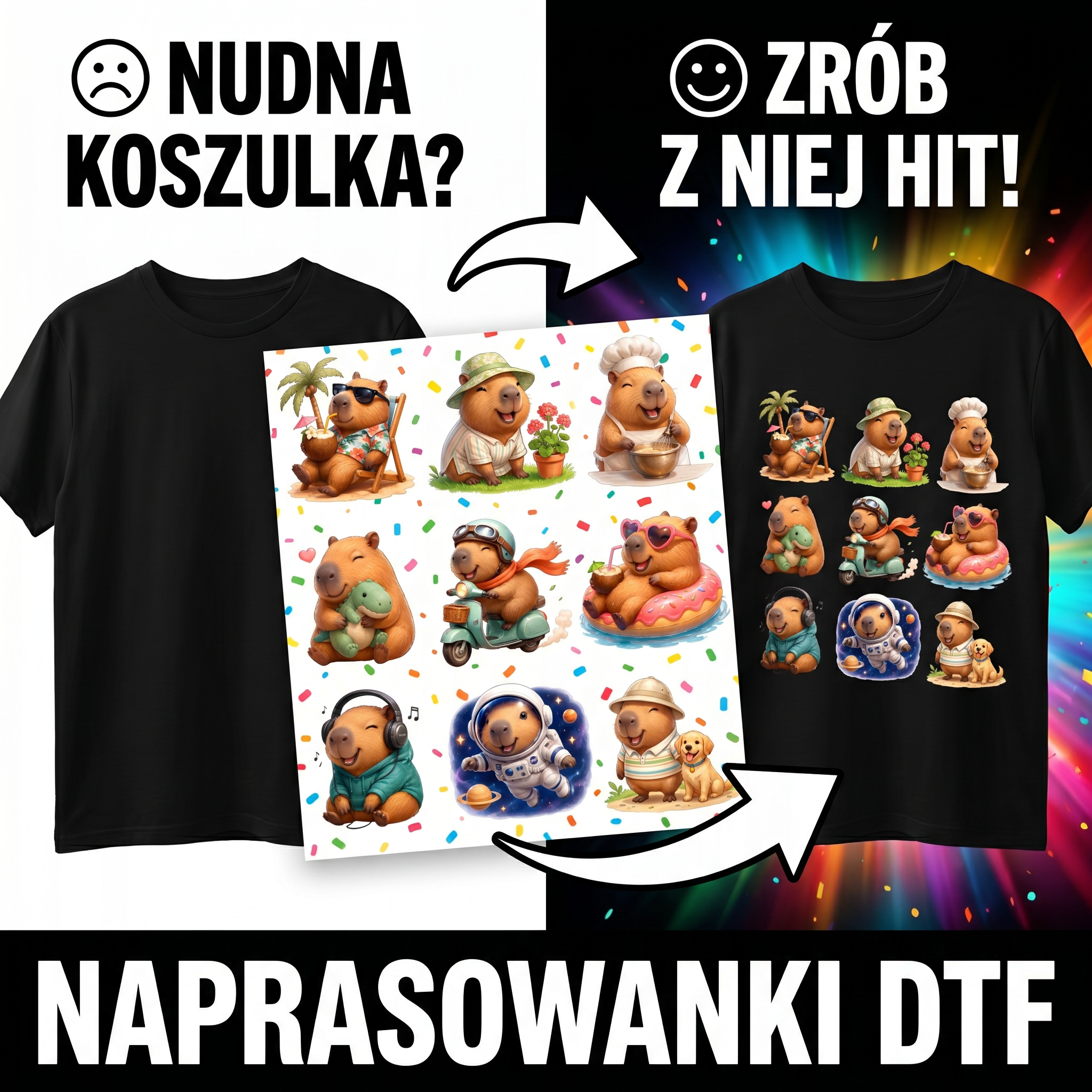 Naprasowanki, Naplamki Łatki Termo DTF Na Ubrania Zestaw Dla Dzieci Arkusz Kapibara