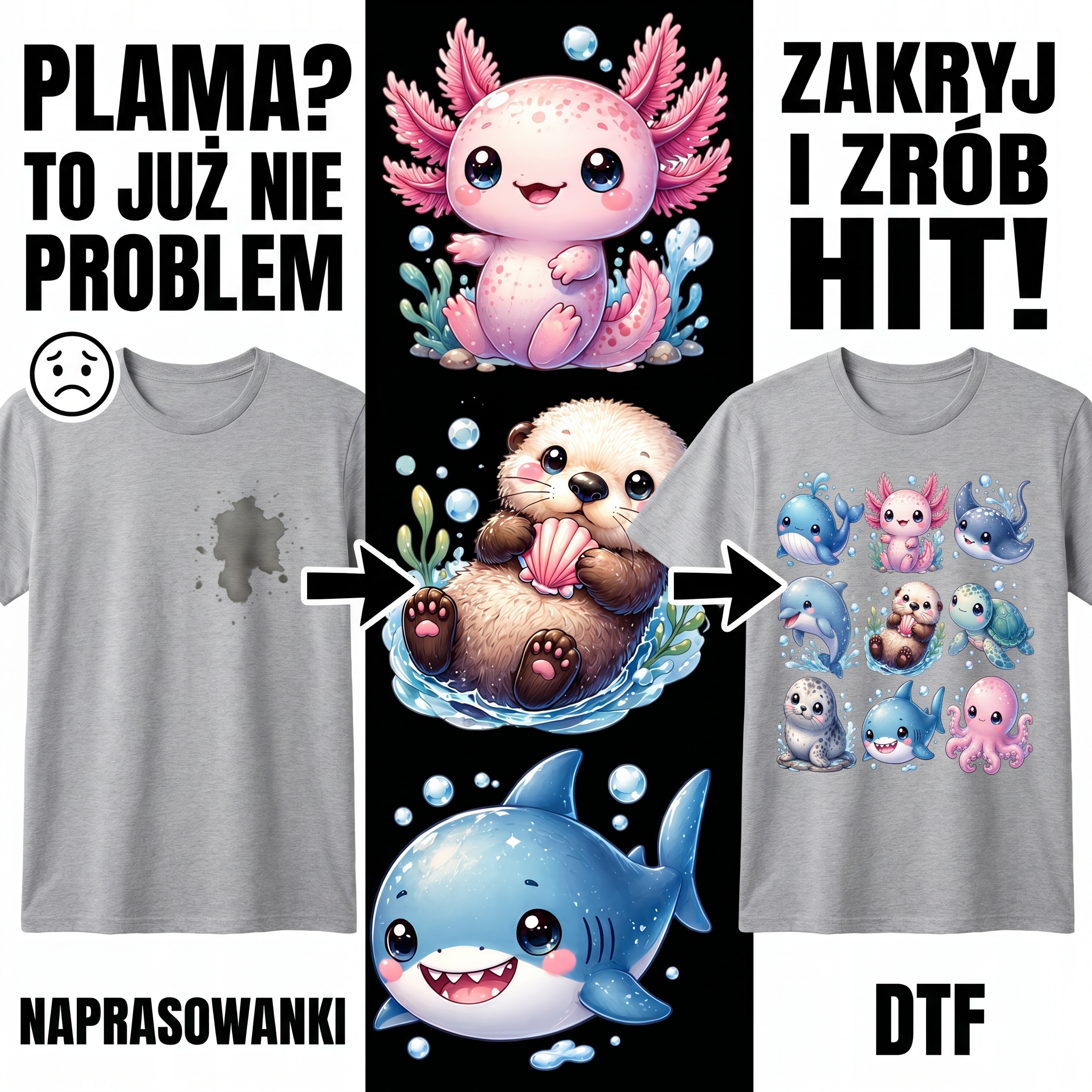 Naprasowanki, Naplamki Łatki Termo DTF Na Ubrania Zestaw Dla Dzieci i Dorosłych Morskie Zwierzęta