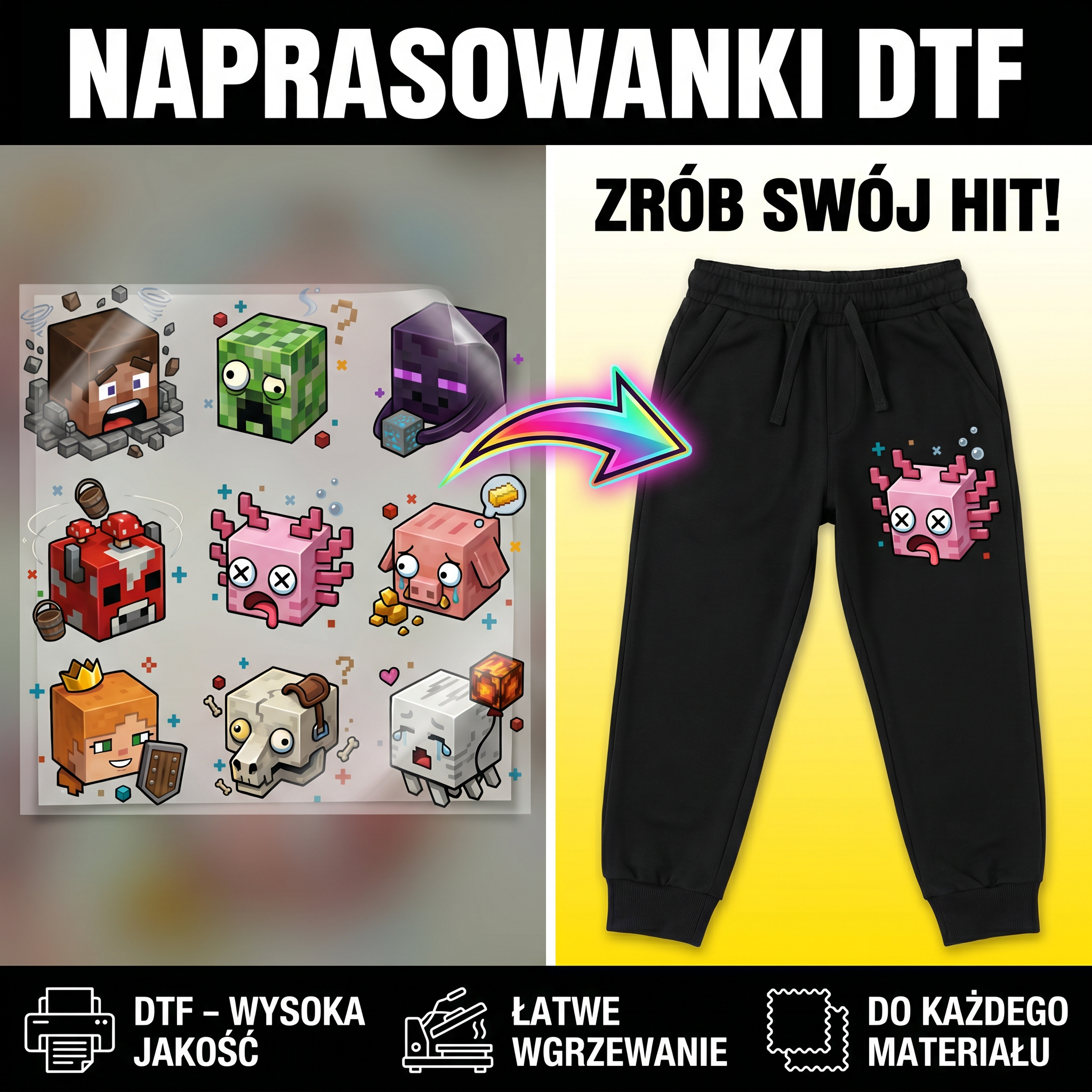 Naprasowanki, Naplamki Łatki Termo DTF Na Ubrania Zestaw Dla Dzieci Arkusz Minecraft