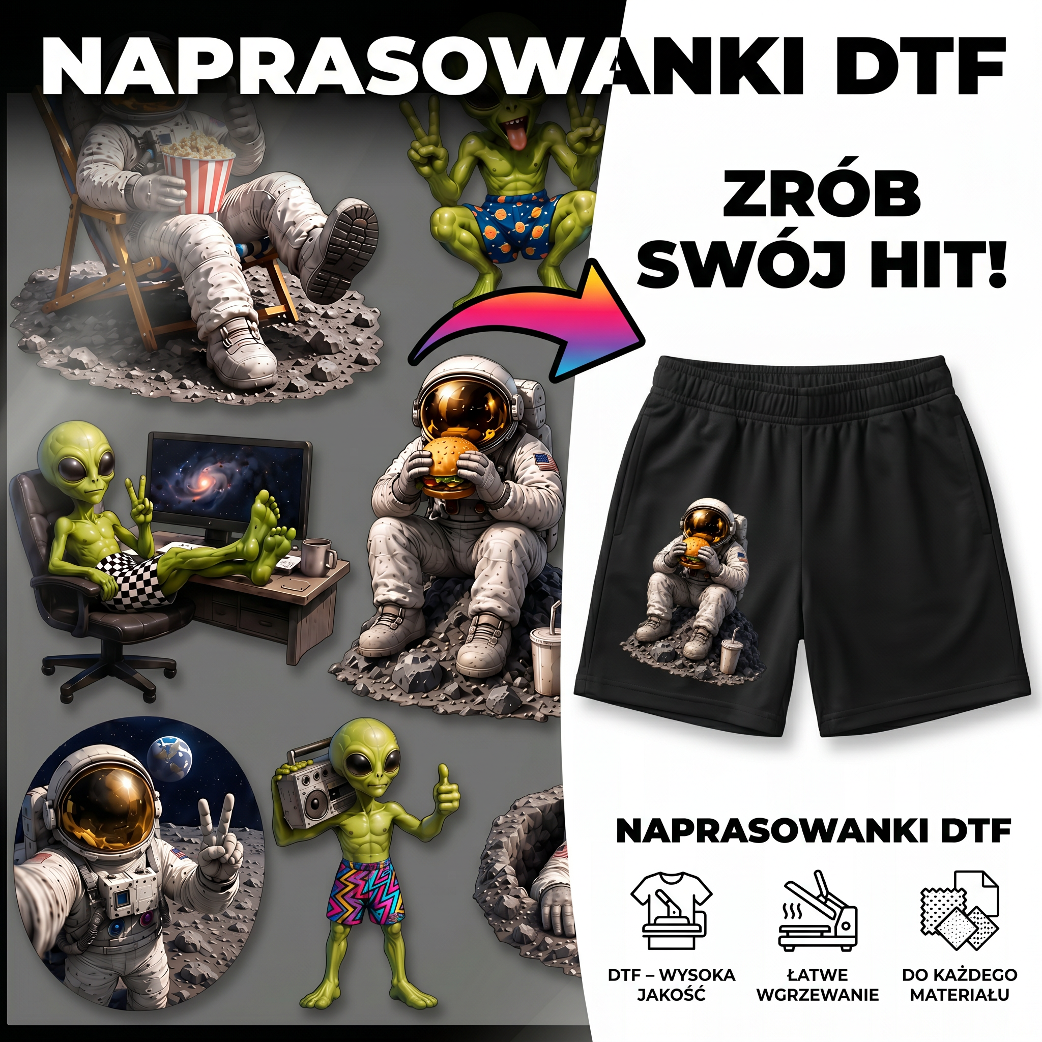 Naprasowanki, Naplamki Łatki Termo DTF Na Ubrania Zestaw Dla Dzieci i Dorosłych Ufo Kosmos