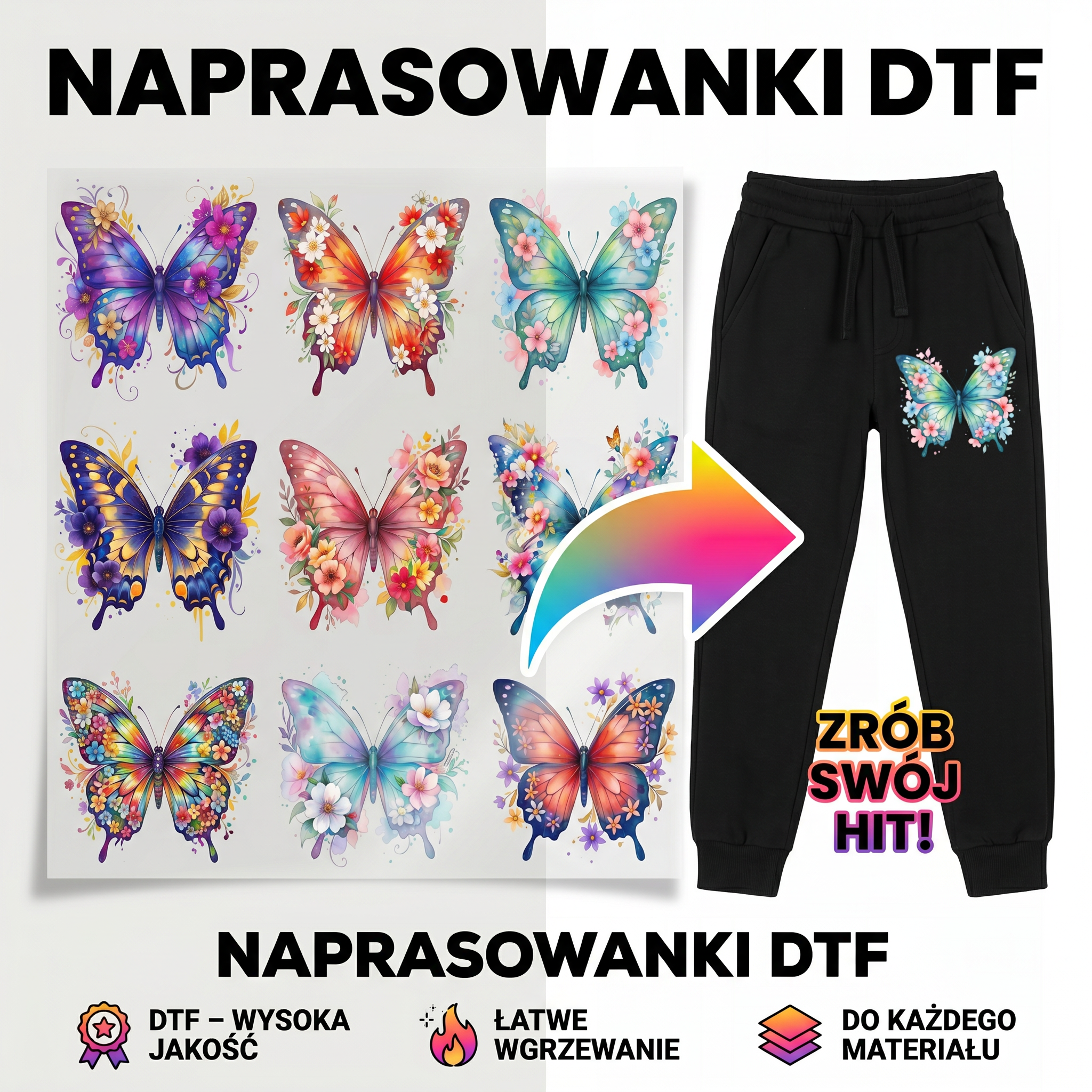 Naprasowanki, Naplamki Łatki Termo DTF Na Ubrania Zestaw Dla Dzieci i Dorosłych Arkusz motyle
