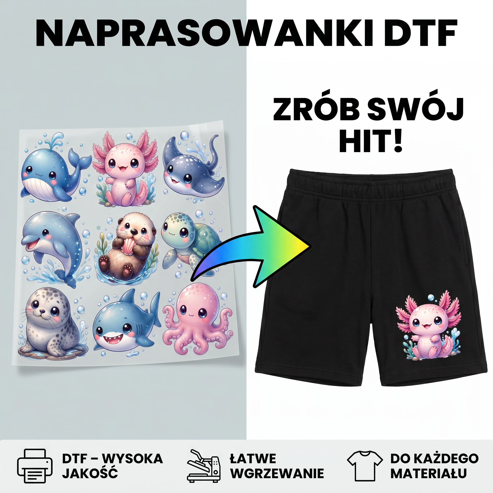 Naprasowanki, Naplamki Łatki Termo DTF Na Ubrania Zestaw Dla Dzieci i Dorosłych Morskie Zwierzęta