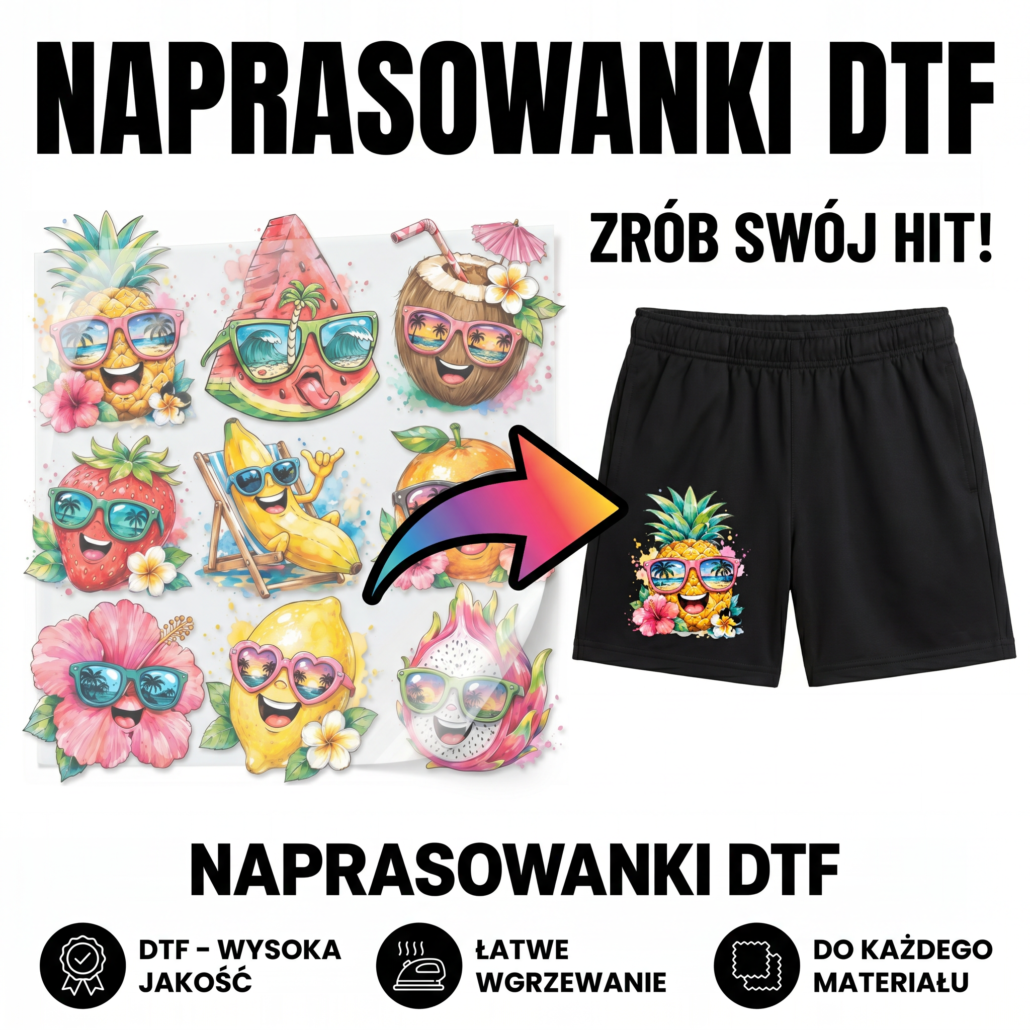 Naprasowanki, Naplamki Łatki Termo DTF Na Ubrania Zestaw Dla Dzieci i Dorosłych Owoce Lato
