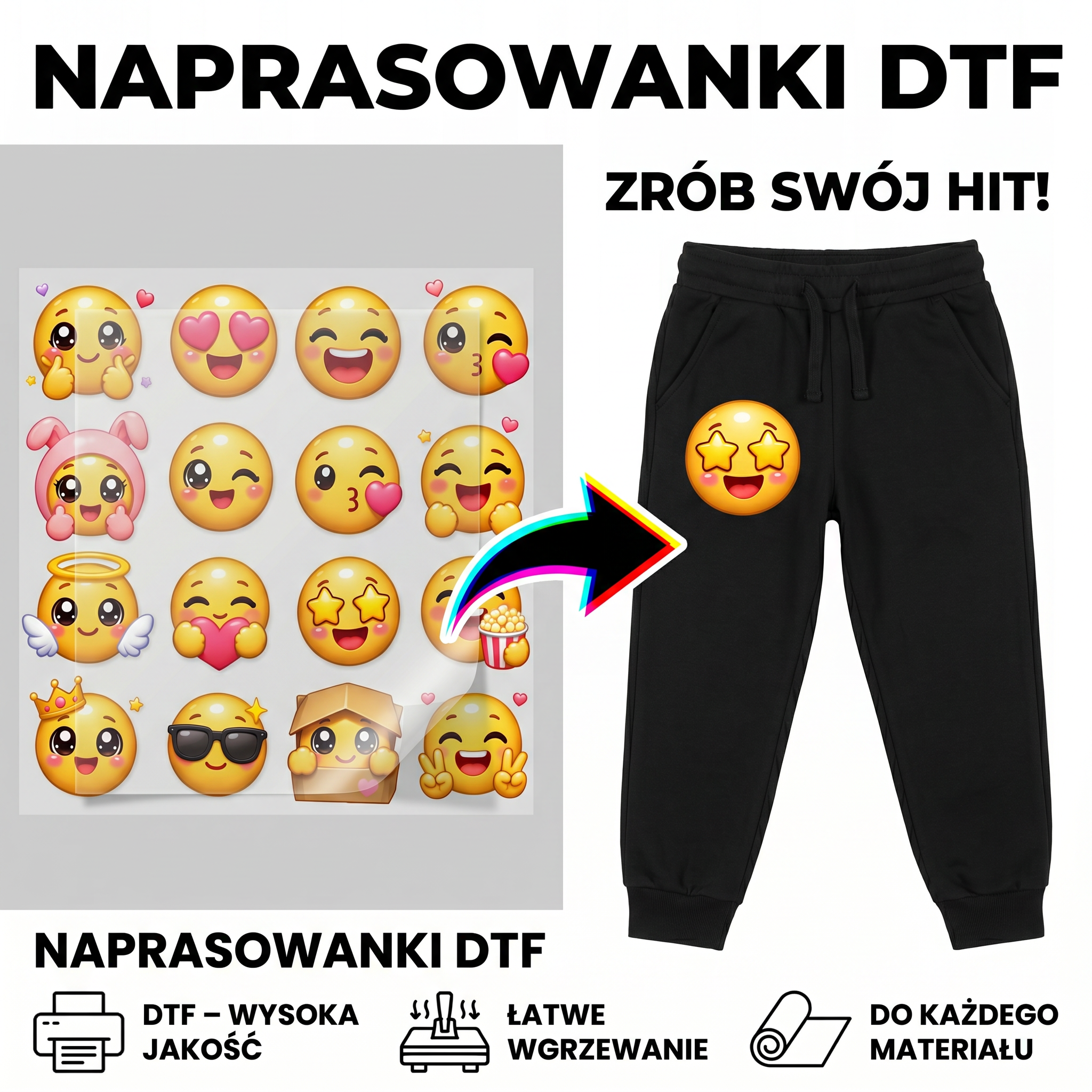 Naprasowanki, Naplamki Łatki Termo DTF Na Ubrania Zestaw Dla Dzieci Arkusz Emotki Emoji