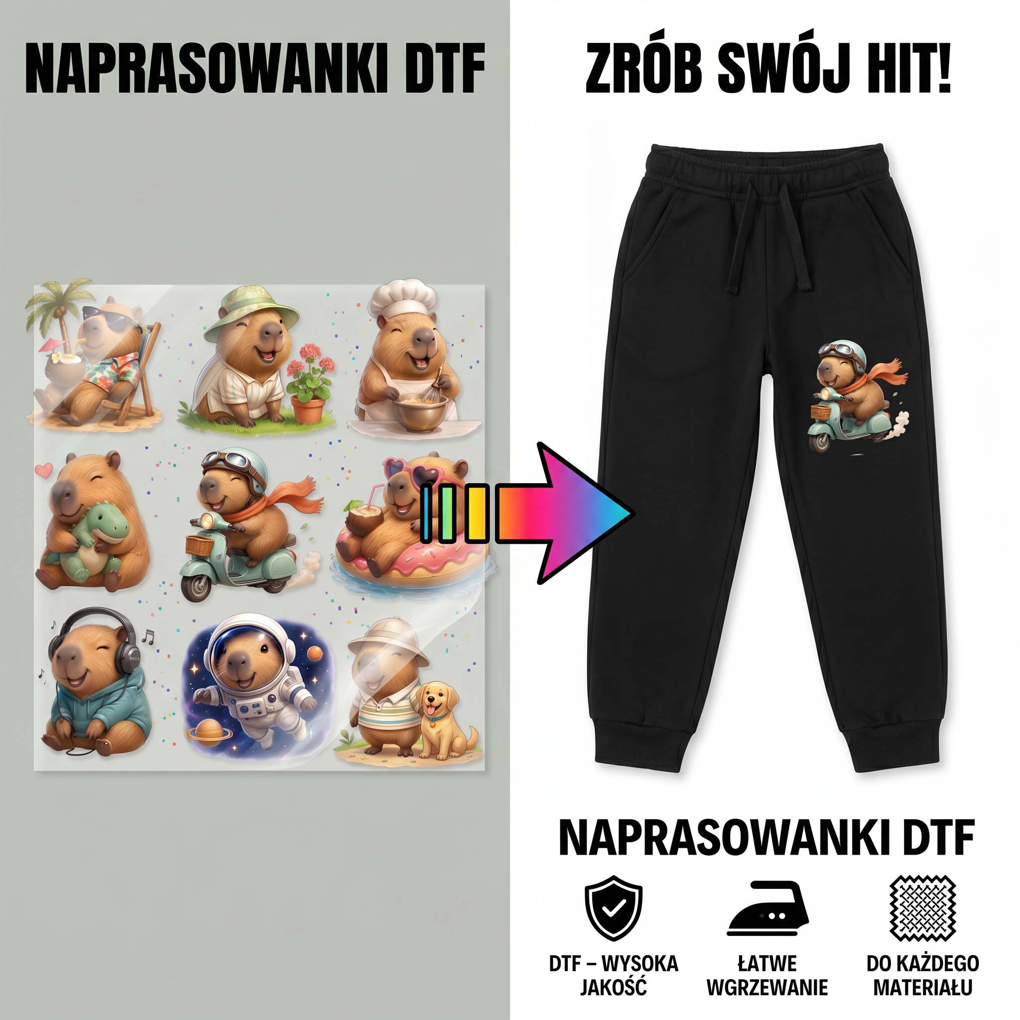 Naprasowanki, Naplamki Łatki Termo DTF Na Ubrania Zestaw Dla Dzieci Arkusz Kapibara