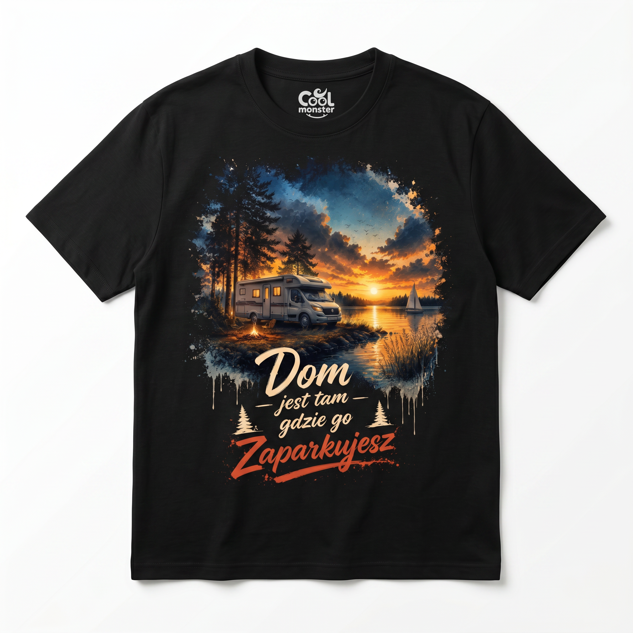 Koszulka Męska Bawełniana T-Shirt z Kamperem Do Podróży "Dom Jest tam Gdzie go Zaparkujesz"