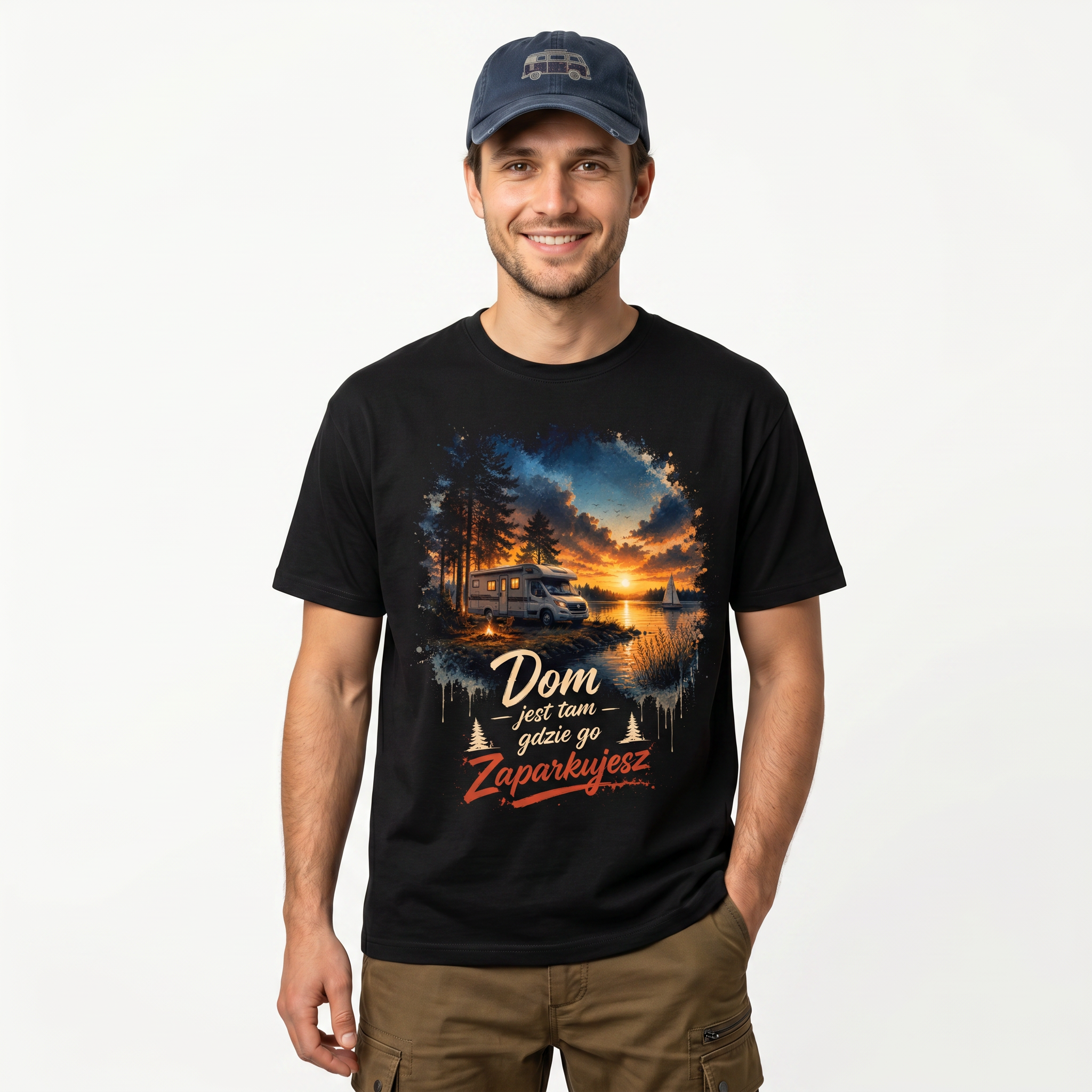 Koszulka Męska Bawełniana T-Shirt z Kamperem Do Podróży "Dom Jest tam Gdzie go Zaparkujesz"