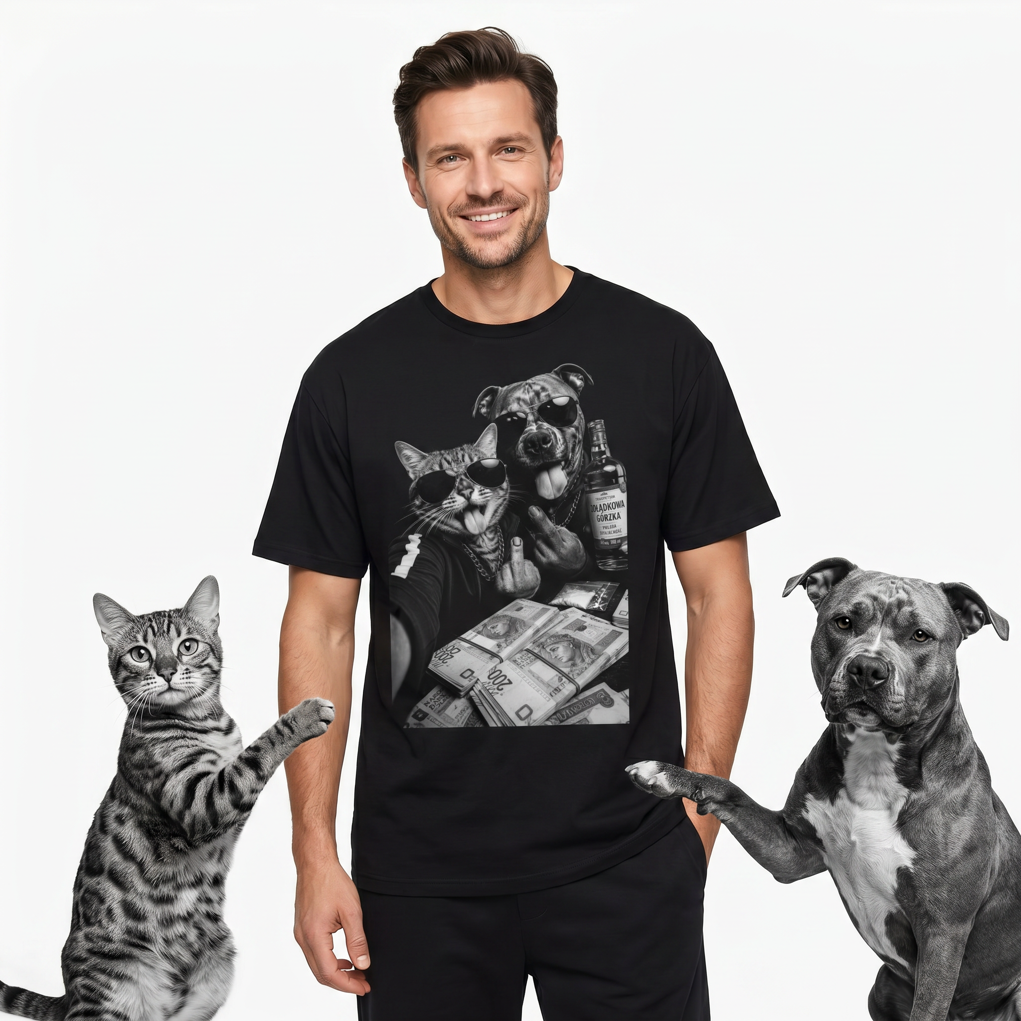 Koszulka Męska T-Shirt Prezent Kot i Pies Mafia Śmieszna koszulka MEM