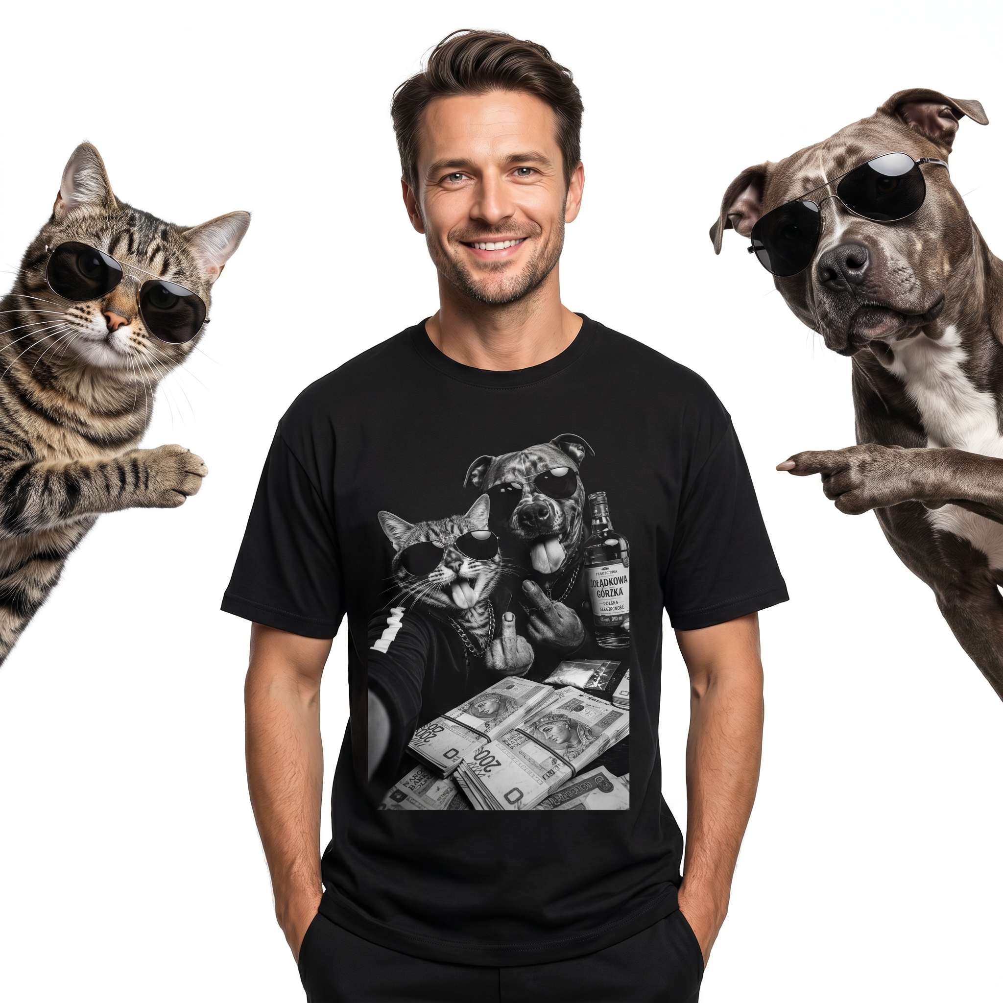Koszulka Męska T-Shirt Prezent Kot i Pies Mafia Śmieszna koszulka MEM Drugie zdjęcie produktu