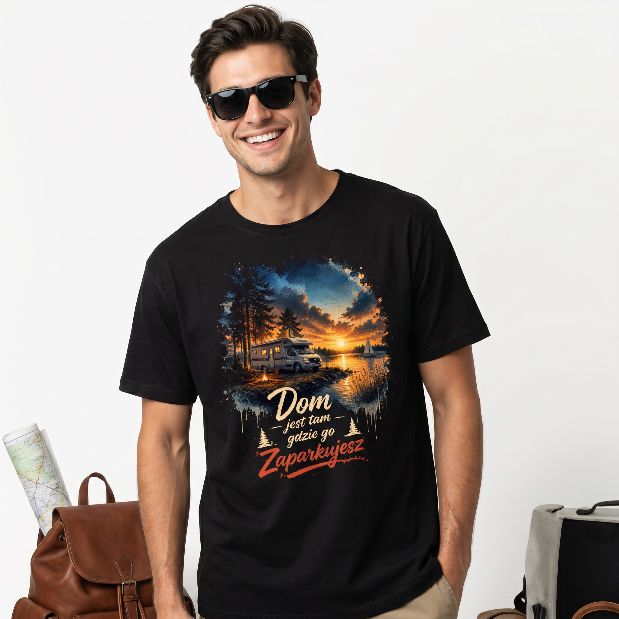 Koszulka Męska Bawełniana T-Shirt z Kamperem Do Podróży "Dom Jest tam Gdzie go Zaparkujesz" Drugie zdjęcie produktu