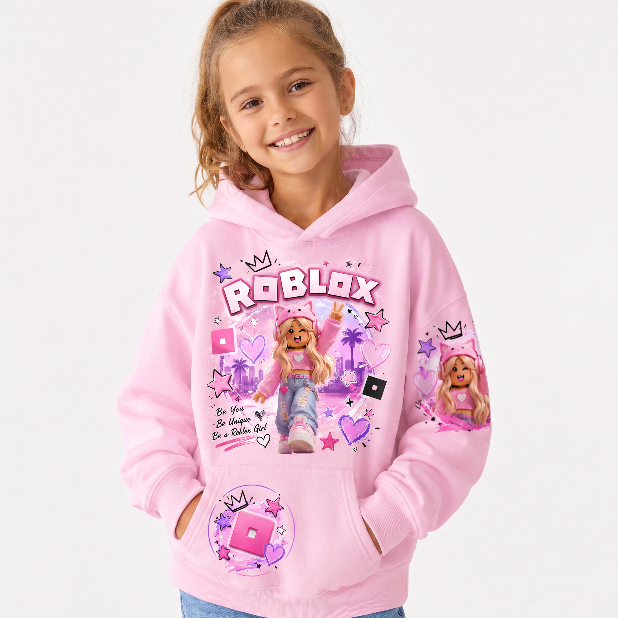 Bawełniana Bluza dziecięca Roblox Różowa dla Dziewczynki z kapturem dla graczy