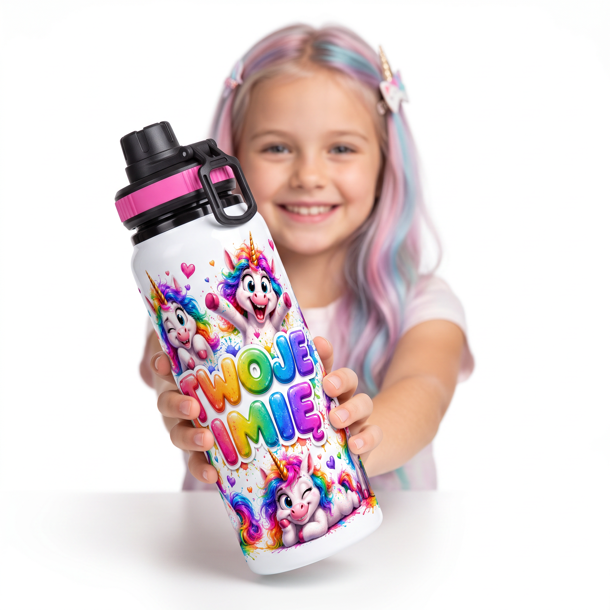 Personalizowany Bidon, Aluminiowa Butelka Dla Dzieci z Dowolnym Imieniem Dziecka - 850ml JEDNOROŻCE Główne zdjęcie produktu