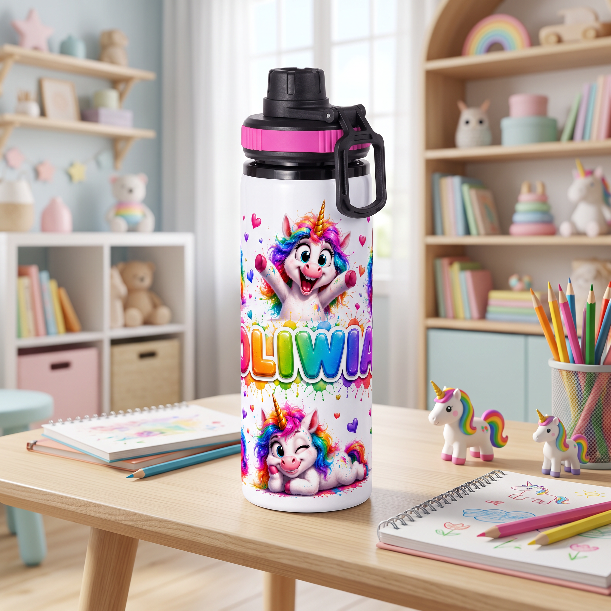 Personalizowany Bidon, Aluminiowa Butelka Dla Dzieci z Dowolnym Imieniem Dziecka - 850ml JEDNOROŻCE