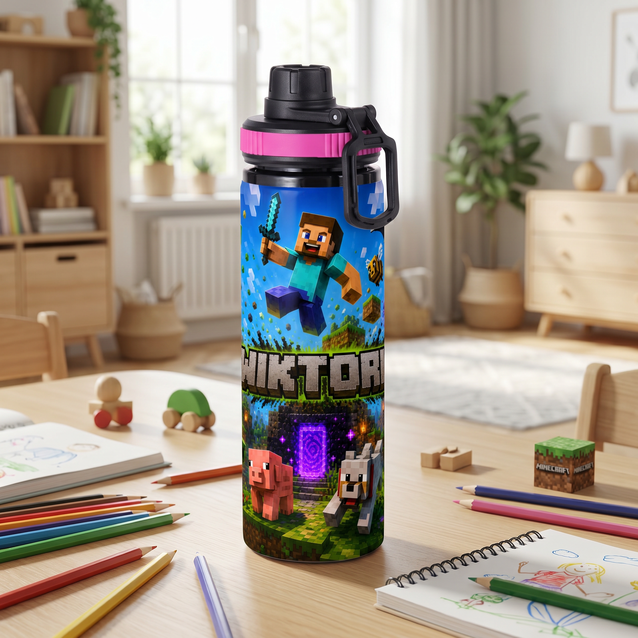 Personalizowany Bidon, Aluminiowa Butelka Dla Dzieci z Dowolnym Imieniem Dziecka - 850ml MINECRAFT
