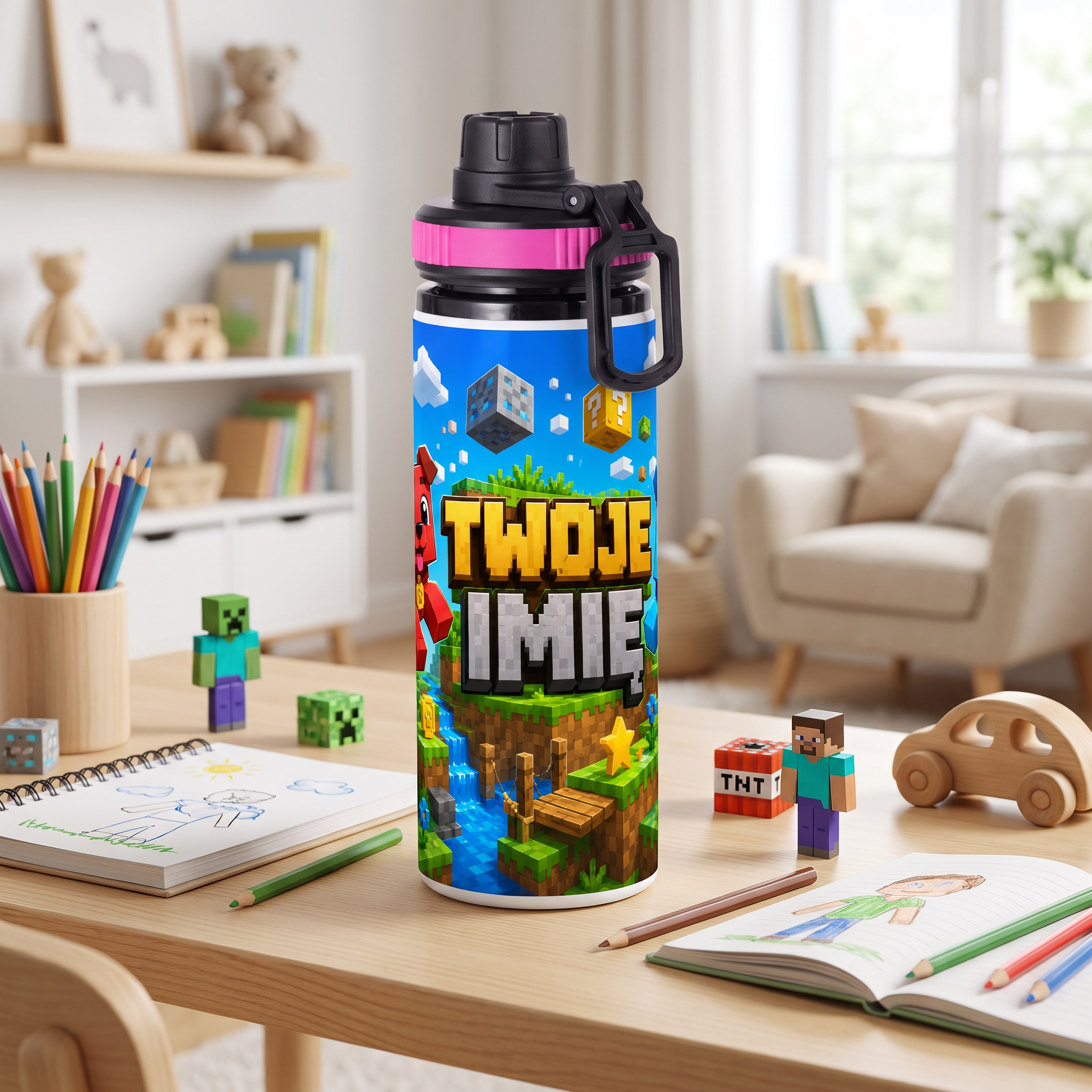 Personalizowany Bidon, Aluminiowa Butelka Dla Dzieci z Dowolnym Imieniem Dziecka - 850ml PIESKI MINECRAFT