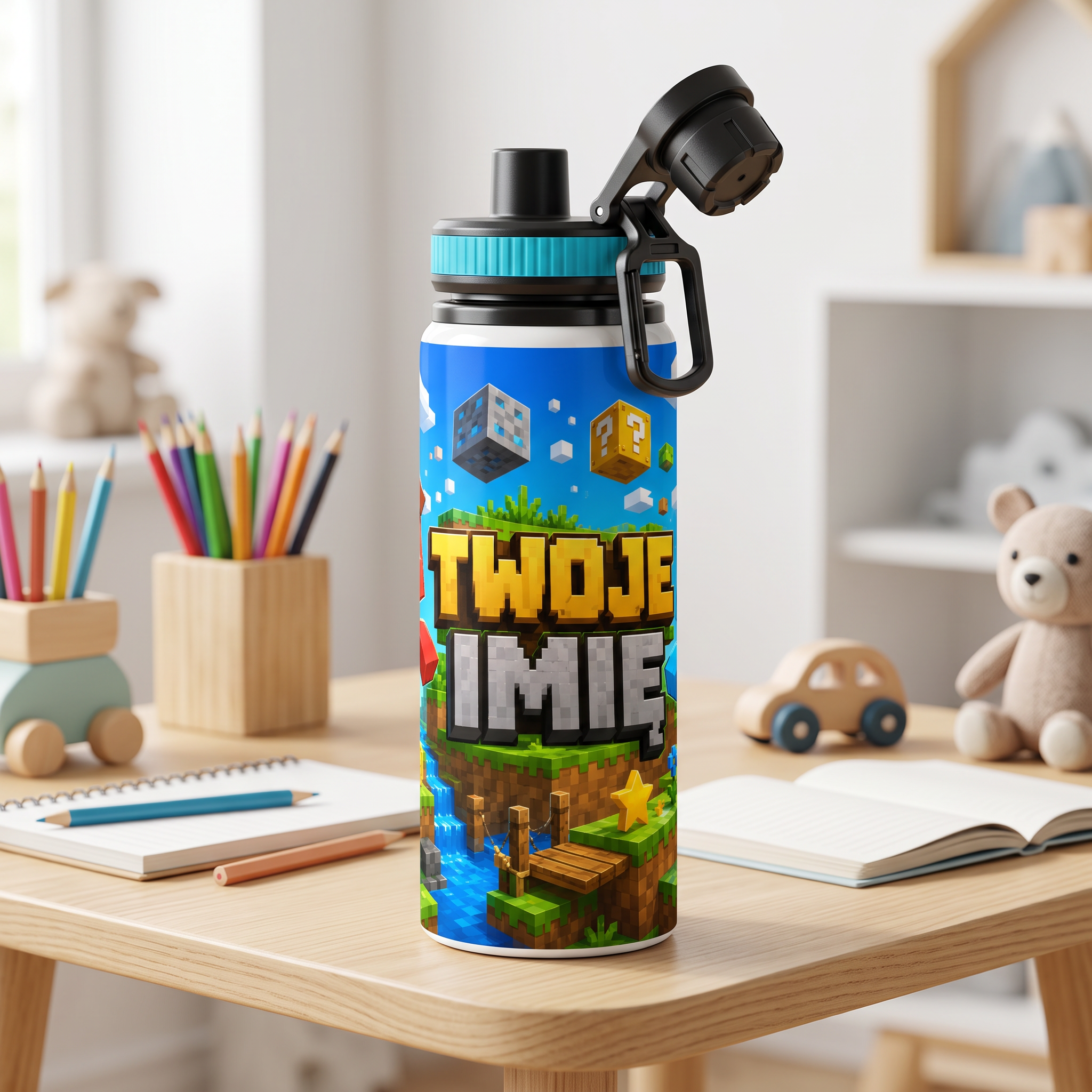 Personalizowany Bidon, Aluminiowa Butelka Dla Dzieci z Dowolnym Imieniem Dziecka - 850ml PIESKI MINECRAFT