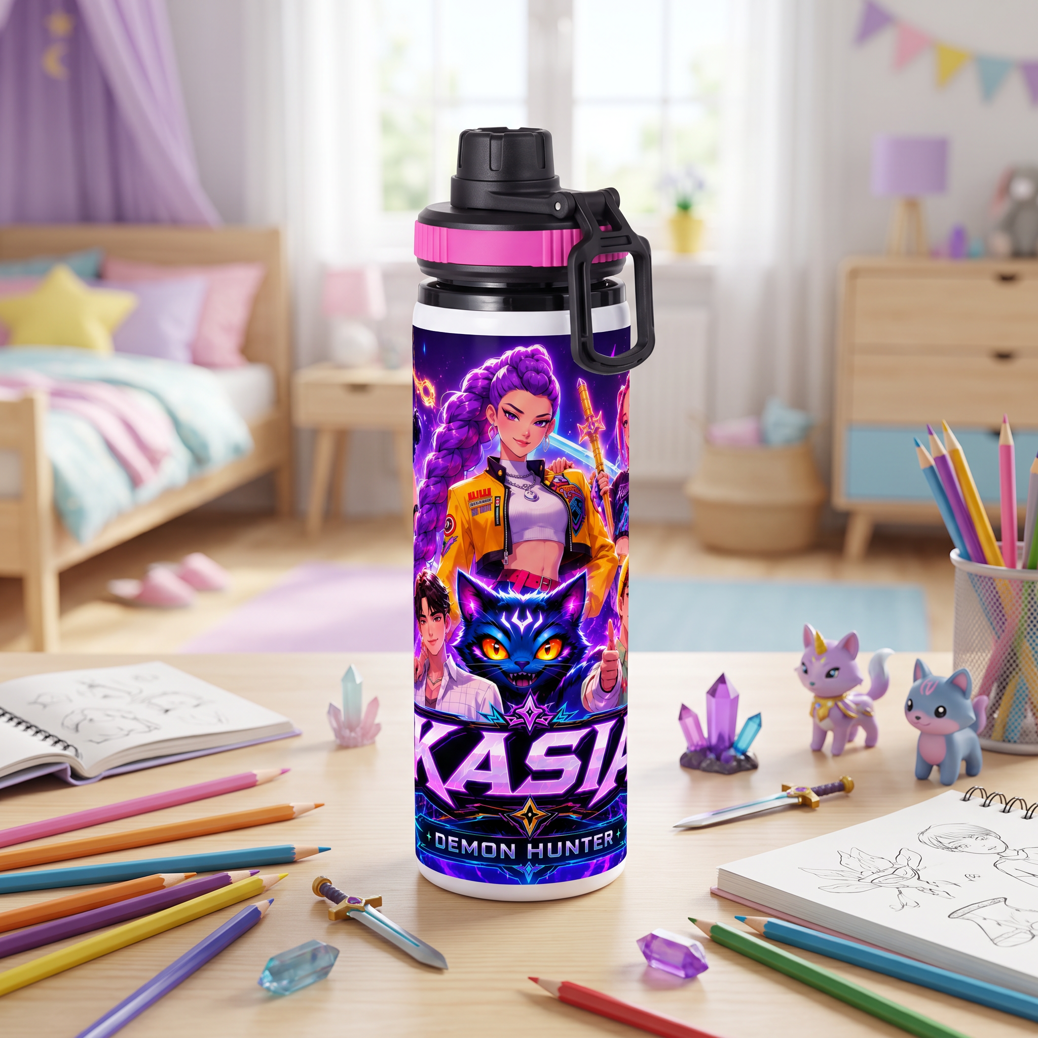 Personalizowany Bidon, Aluminiowa Butelka Dla Dzieci z Dowolnym Imieniem Dziecka - 850ml K-Popowe Łowczynie Demonów