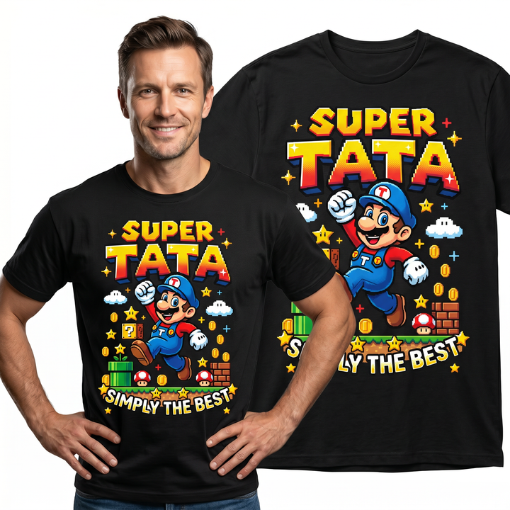 Koszulka Męska T-Shirt Prezent Dla Taty SUPER TATA Super Mario Biała lub Czarna