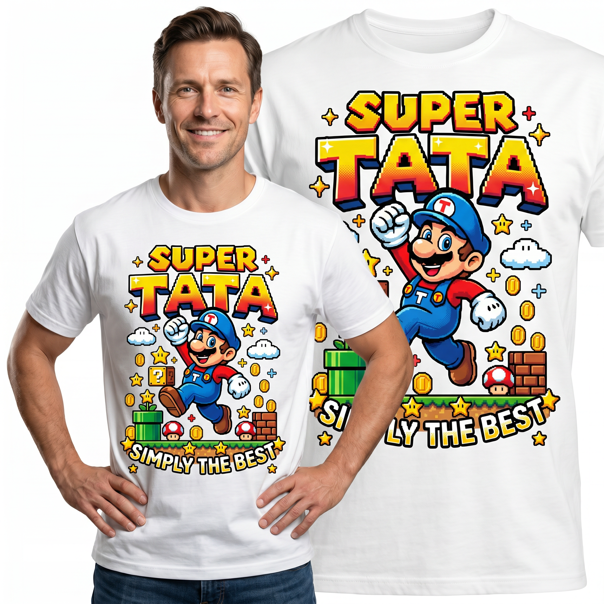 Koszulka Męska T-Shirt Prezent Dla Taty SUPER TATA Super Mario Biała lub Czarna Drugie zdjęcie produktu