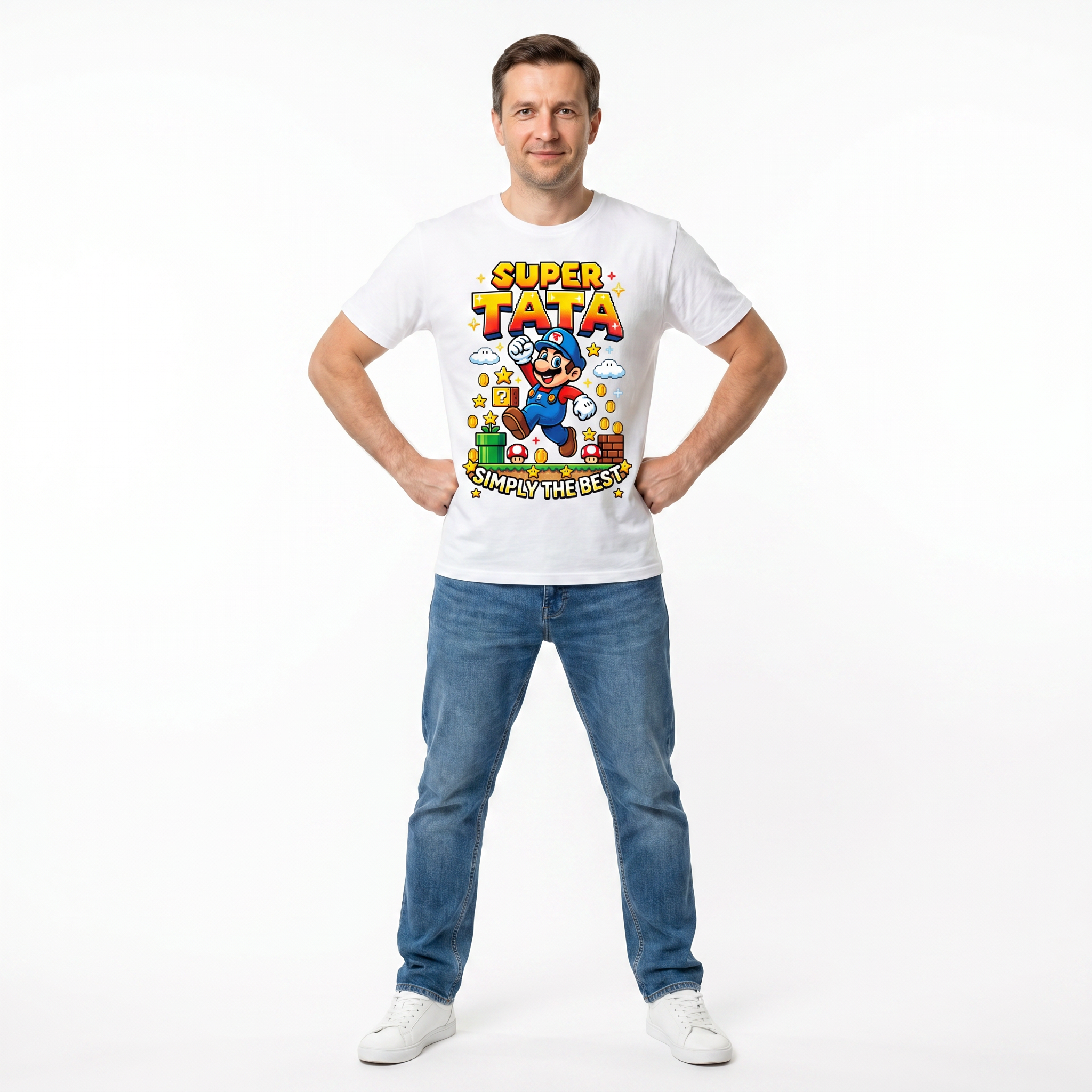 Koszulka Męska T-Shirt Prezent Dla Taty SUPER TATA Super Mario Biała lub Czarna