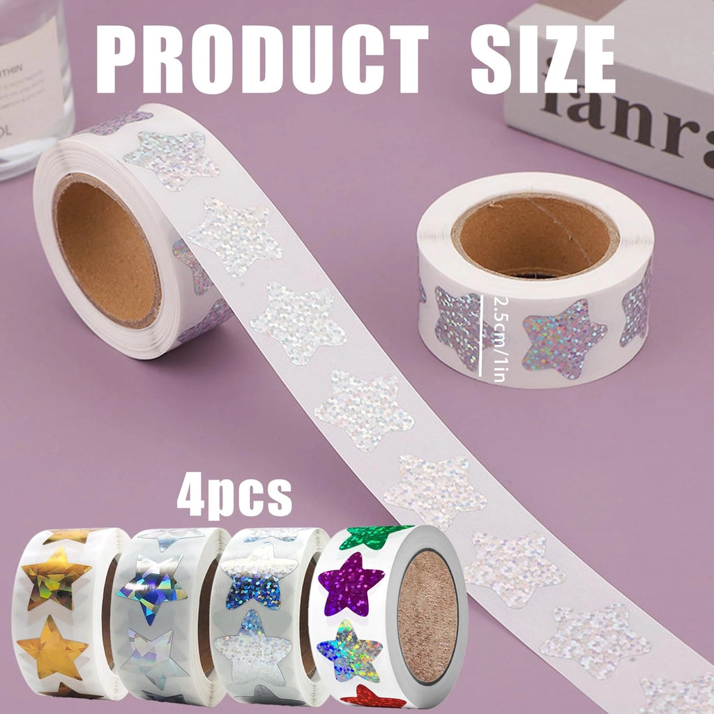 Naklejki gwiazdki holograficzne 500szt zestaw 4 rolki nagrody dla dzieci