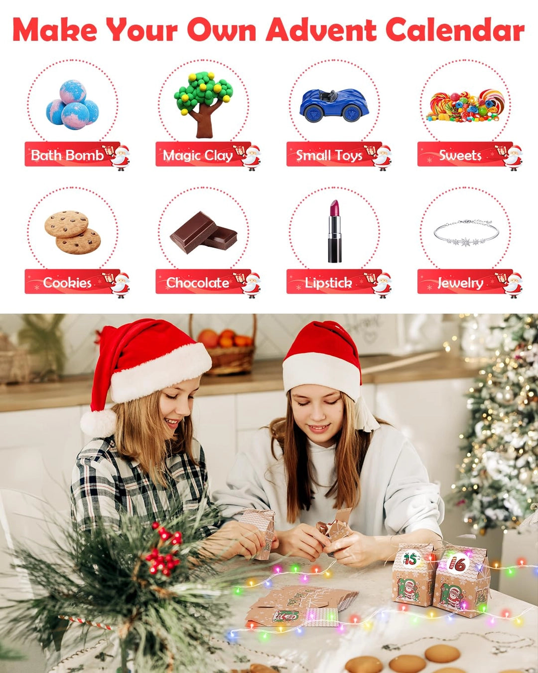 Kalendarz adwentowy DIY 24 puste pudełka na słodycze naklejki + lampki LED