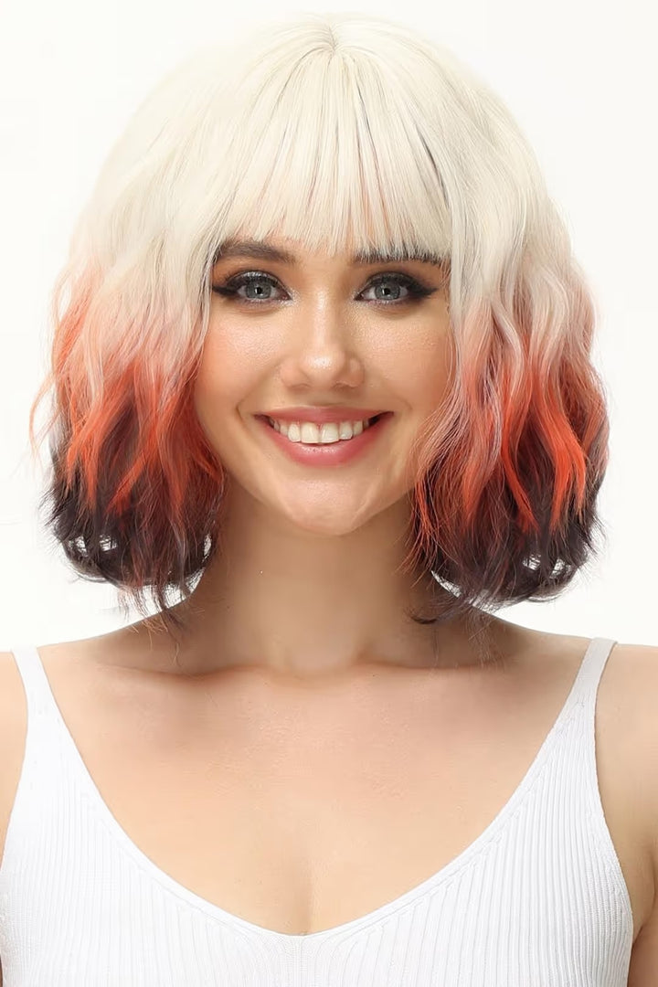 Krótka Peruka Bob Ombre Blond Ruda Brązowa z Grzywką Manga Anime Cosplay