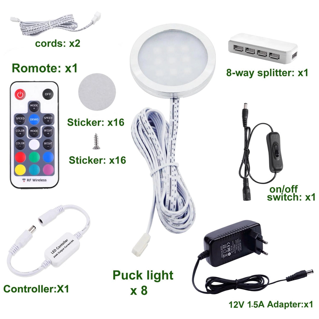 Zestaw 8 lampek LED RGB podszafkowych z pilotem 12V kolorowe
