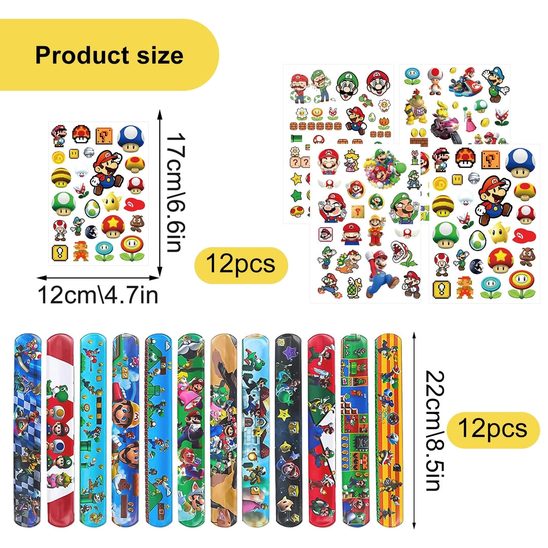 Zestaw bransoletek slap i tatuaży wodnych Mario – 12 opasek +4 arkusze tatuaży