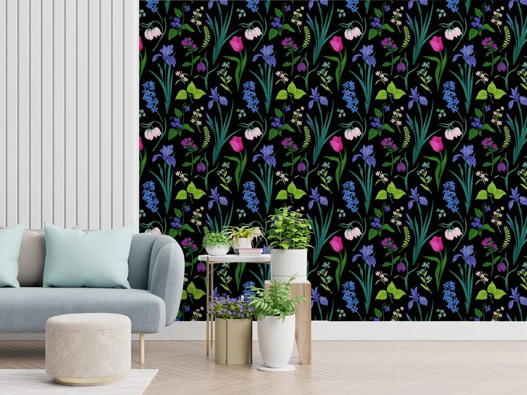 Naklejka meblowa i ścienna kwiaty vintage czarny tło 40 x 300 cm samoprzylepna