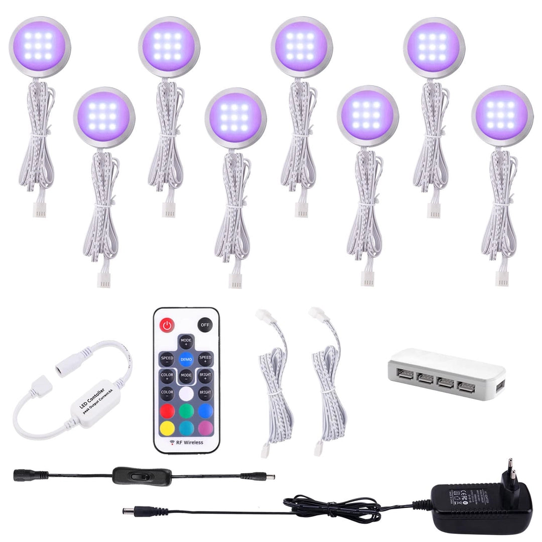 Zestaw 8 lampek LED RGB podszafkowych z pilotem 12V kolorowe